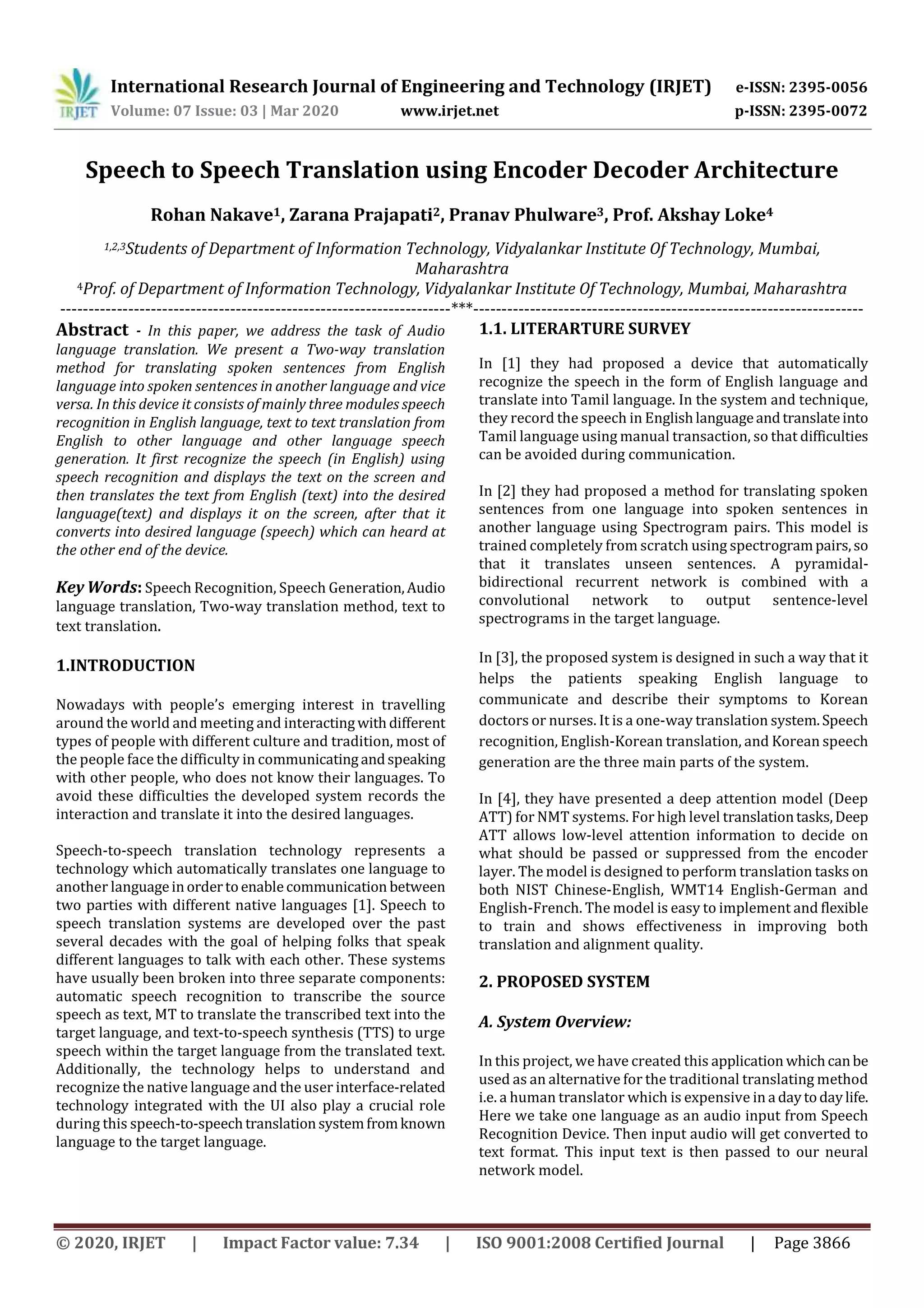 IRJET - Speech to Speech Translation using Encoder Decoder Architecture ...