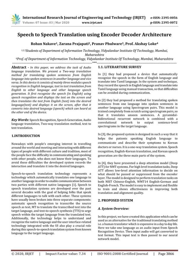 IRJET - Speech to Speech Translation using Encoder Decoder Architecture ...