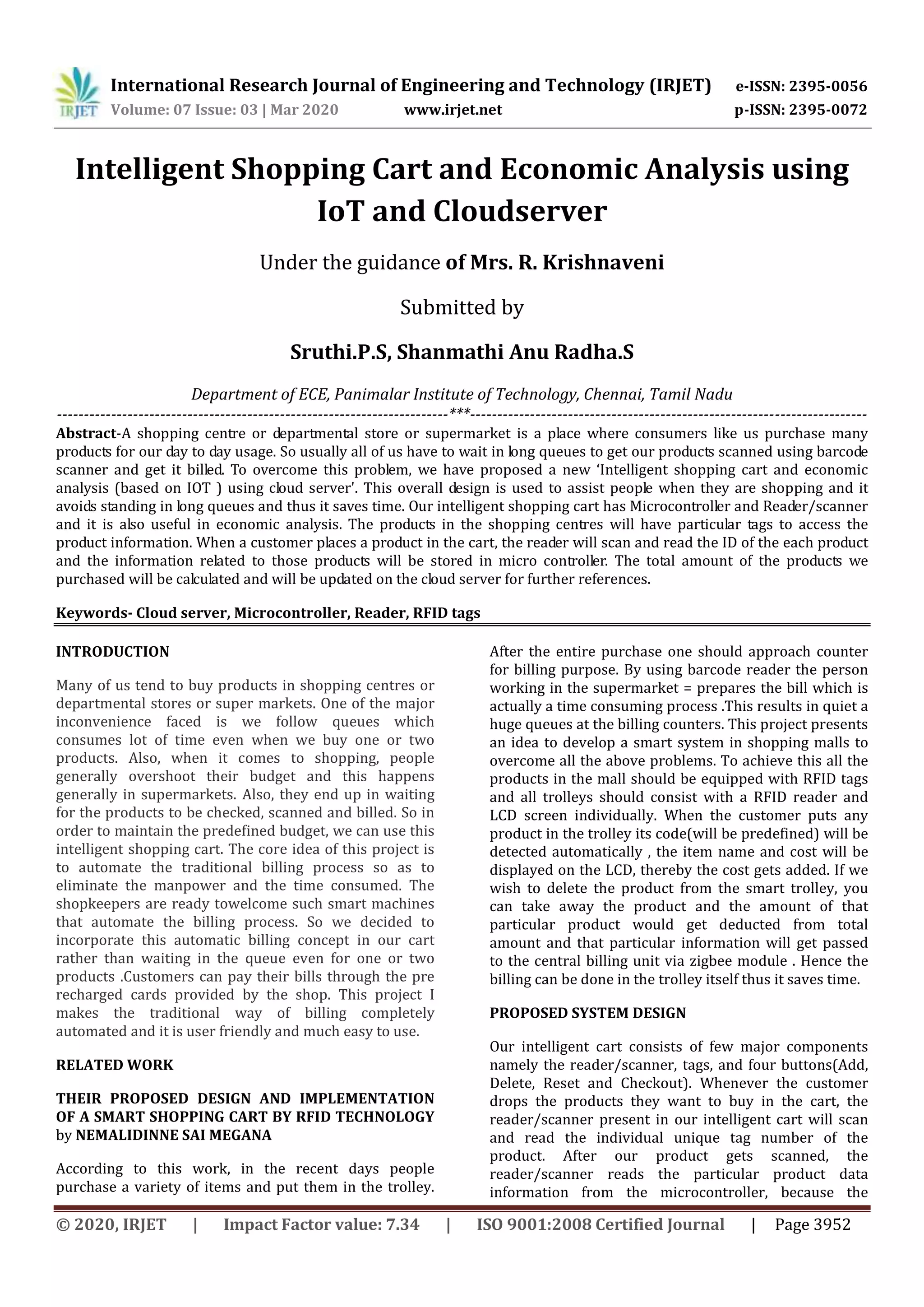 IRJET - Intelligent shopping cart and economic analysis using IoT and Cloudserver