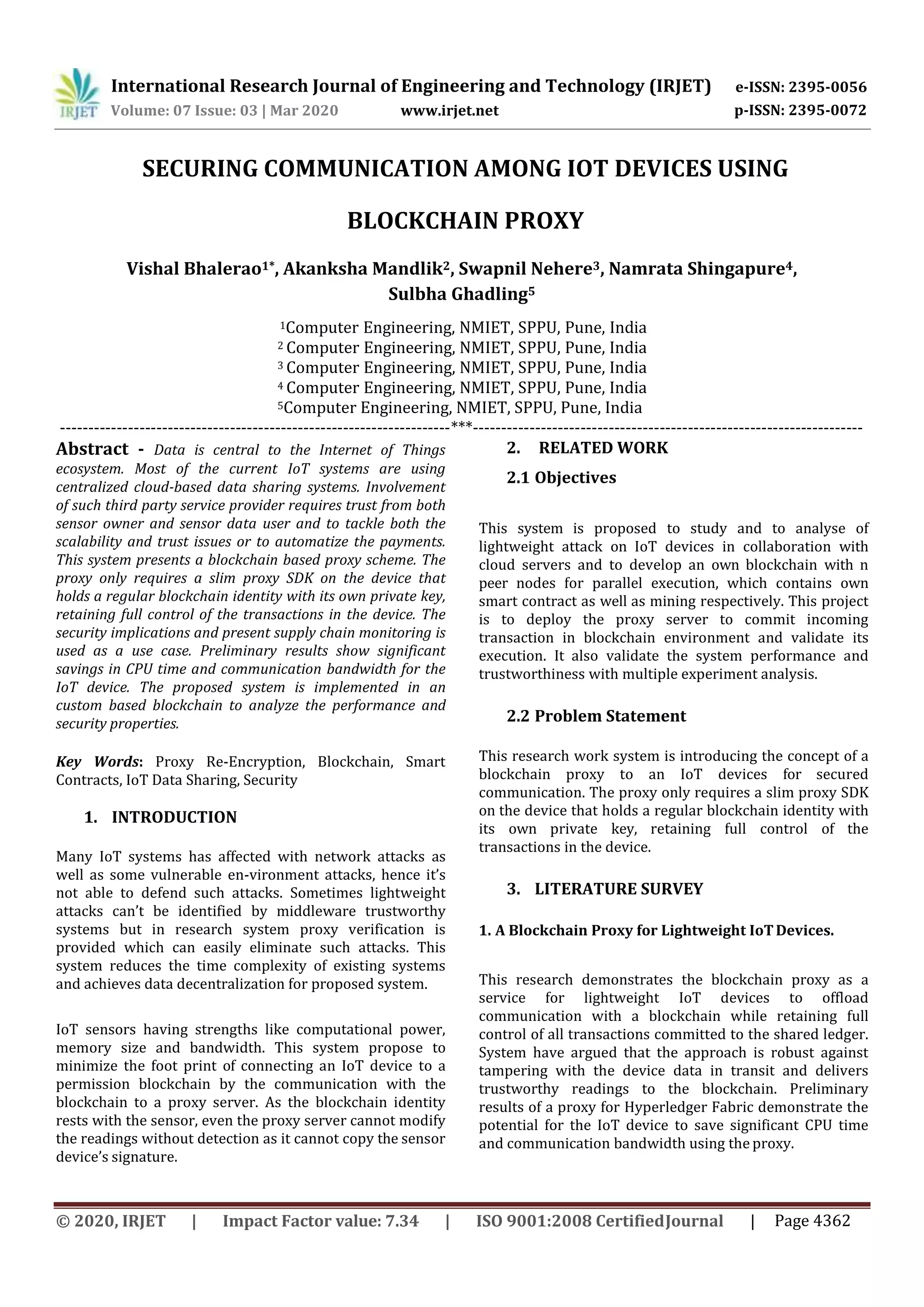 IRJET - Securing Communication among IoT Devices using Blockchain Proxy