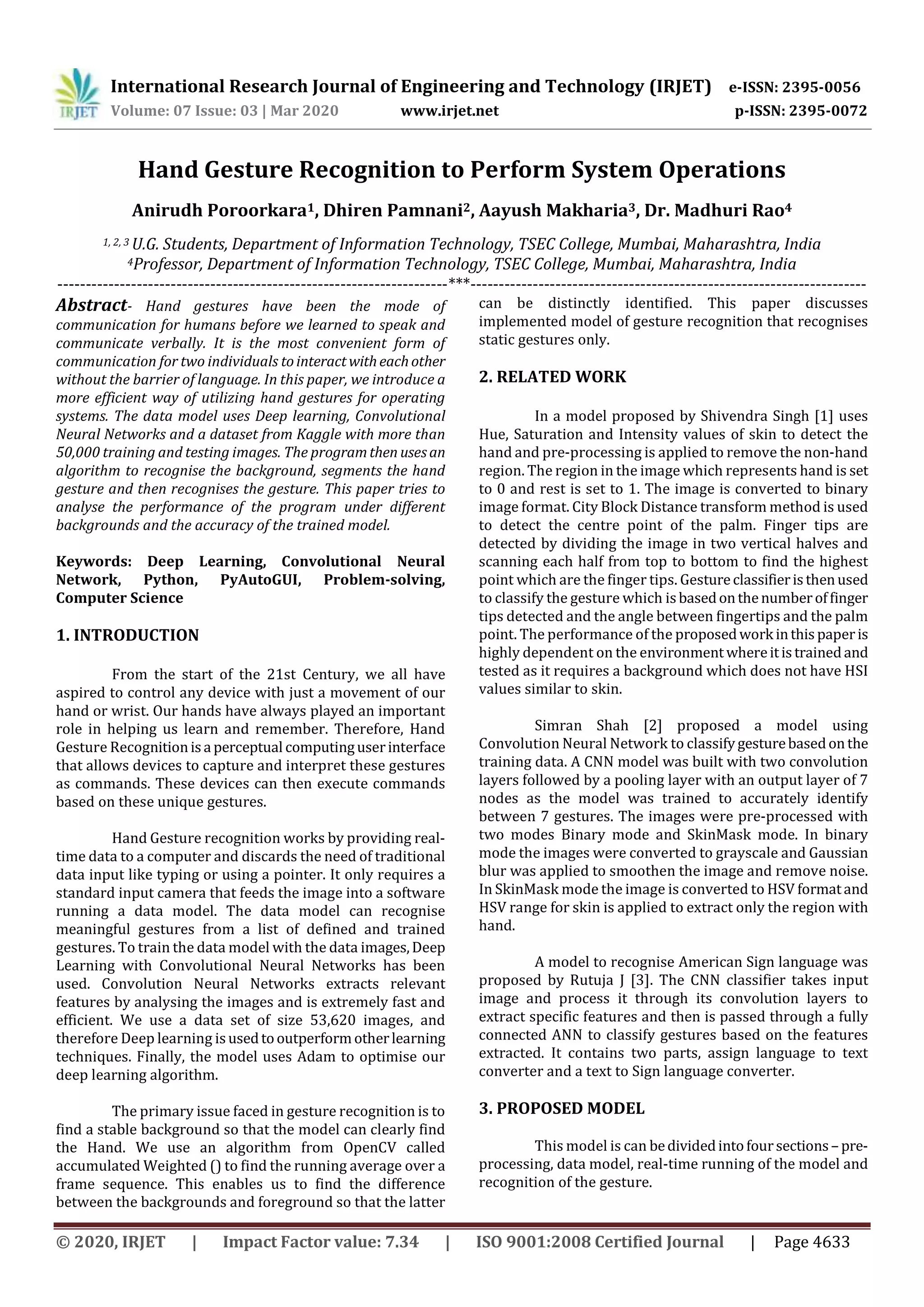 IRJET - Hand Gesture Recognition to Perform System Operations