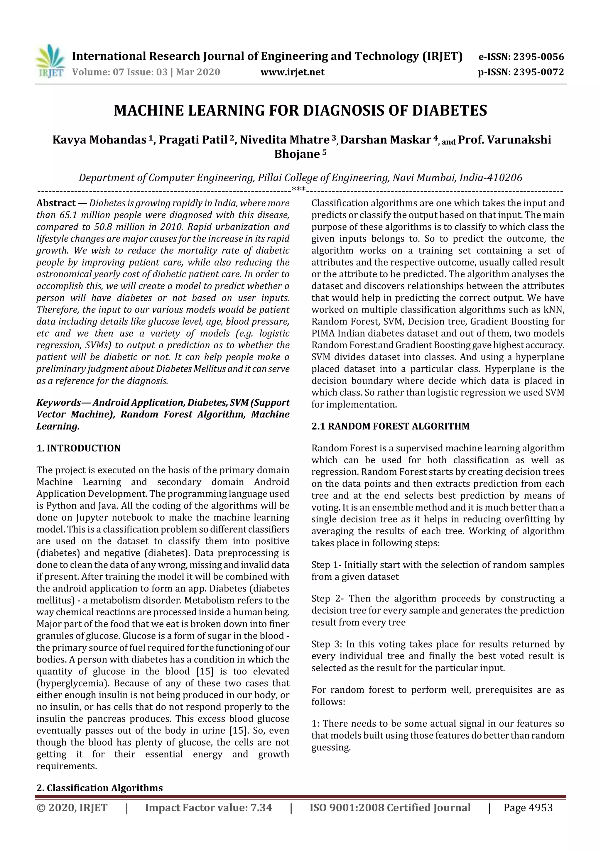 IRJET - Machine Learning for Diagnosis of Diabetes