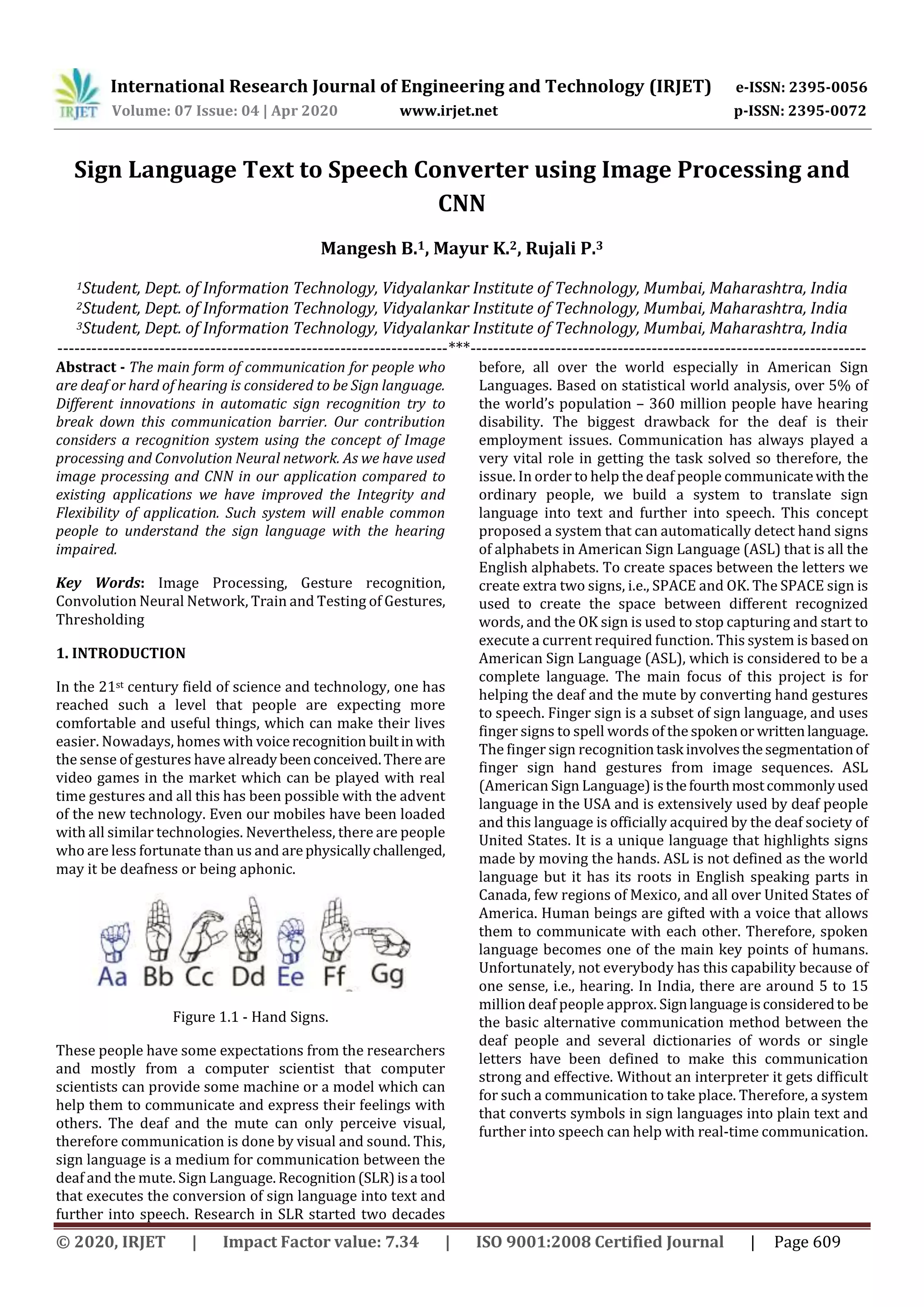 IRJET - Sign Language Text to Speech Converter using Image Processing ...