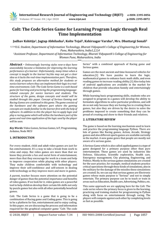 IRJET - Colt: The Code Series Game for Learning Program Logic through ...