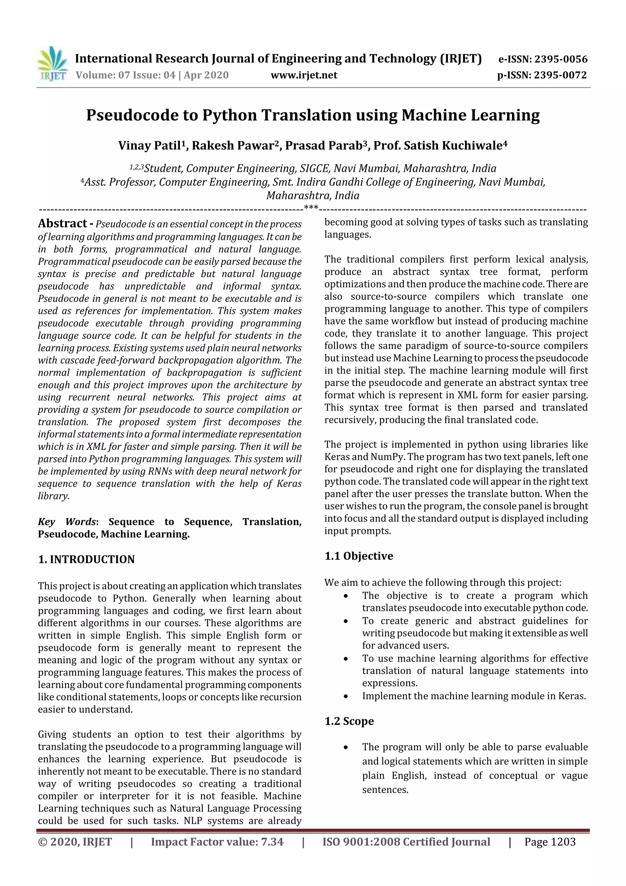 IRJET - Pseudocode to Python Translation using Machine Learning | PDF