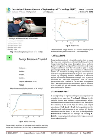 International Research Journal of Engineering and Technology (IRJET) e-ISSN: 2395-0056
Volume: 07 Issue: 04 | Apr 2020 www.irjet.net p-ISSN: 2395-0072
© 2020, IRJET | Impact Factor value: 7.34 | ISO 9001:2008 Certified Journal | Page 1503
Fig -4: Result displaying amount to be paid (1)
Fig -5: Result displaying amount to be paid (2)
Fig -6: Model Accuracy
The accuracy is defined as how good your machine learning
model is at predicting a correct class for a givenobservation.
Fig -7: Model Loss
The term loss is simply defined as a number indicating how
bad the models prediction was on a certain example.
4. CONCLUSIONS
Image analysis methods extract information from an image
by using semi-automatic or automatic techniques termed:
image understanding, image description, scene analysis,
pattern recognition, computer/machine vision etc). Image
analysis is different from the various other types of image
processing methods, such astherestorationorenhancement
in that the end result of image analysis procedures is a
numerical output rather than an image or some pictorial
output. By analyzing different techniques in literature
review we conclude different technologies used to provide
solutions for insurance companies, such as Srimal
Jayawardena uses 3D model of car and other latest papers
uses CNN model and categories different types of damages
which provide efficient machinelearningconceptstopredict
cost evaluation for damage.
ACKNOWLEDGMENT
It is our privilege to express our respect and very sincerest
regards to our supervisor Prof. Rupali Nikhare for the
valuable inputs, able guidance, encouragement, whole-
hearted cooperation and constructive criticism throughout
the duration of this work. We also thank our project
coordinator, Prof. Gayatri Hegde for her guidance on the
planning and implementation of our project. We deeply
express our sincere thanks to our Head of the Department
Satishkumar Varma and our Principal Dr. Sandeep M.
Joshi for encouraging, motivatingand allowingustopresent
this work at this scale.
 