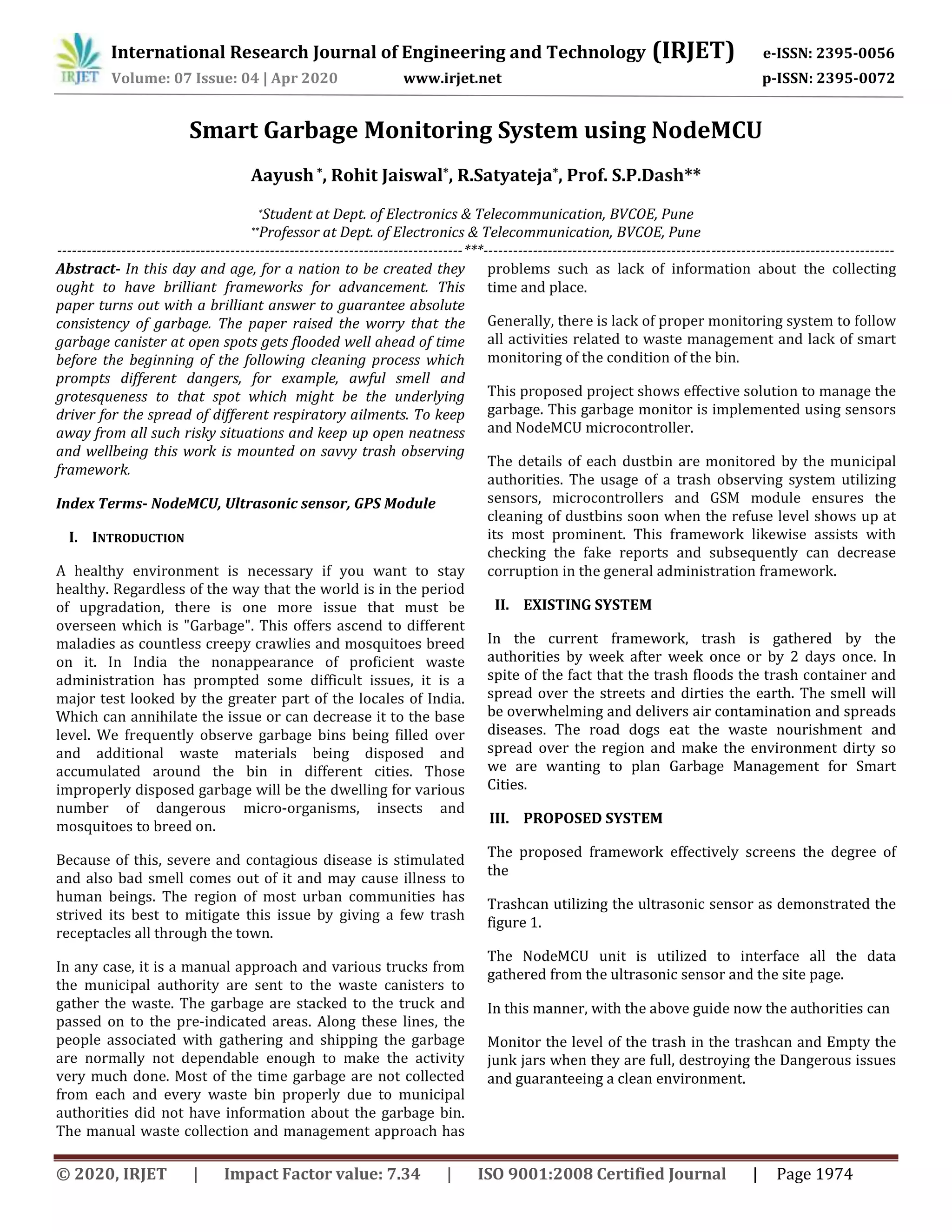 IRJET - Smart Garbage Monitoring System using NodeMCU | PDF