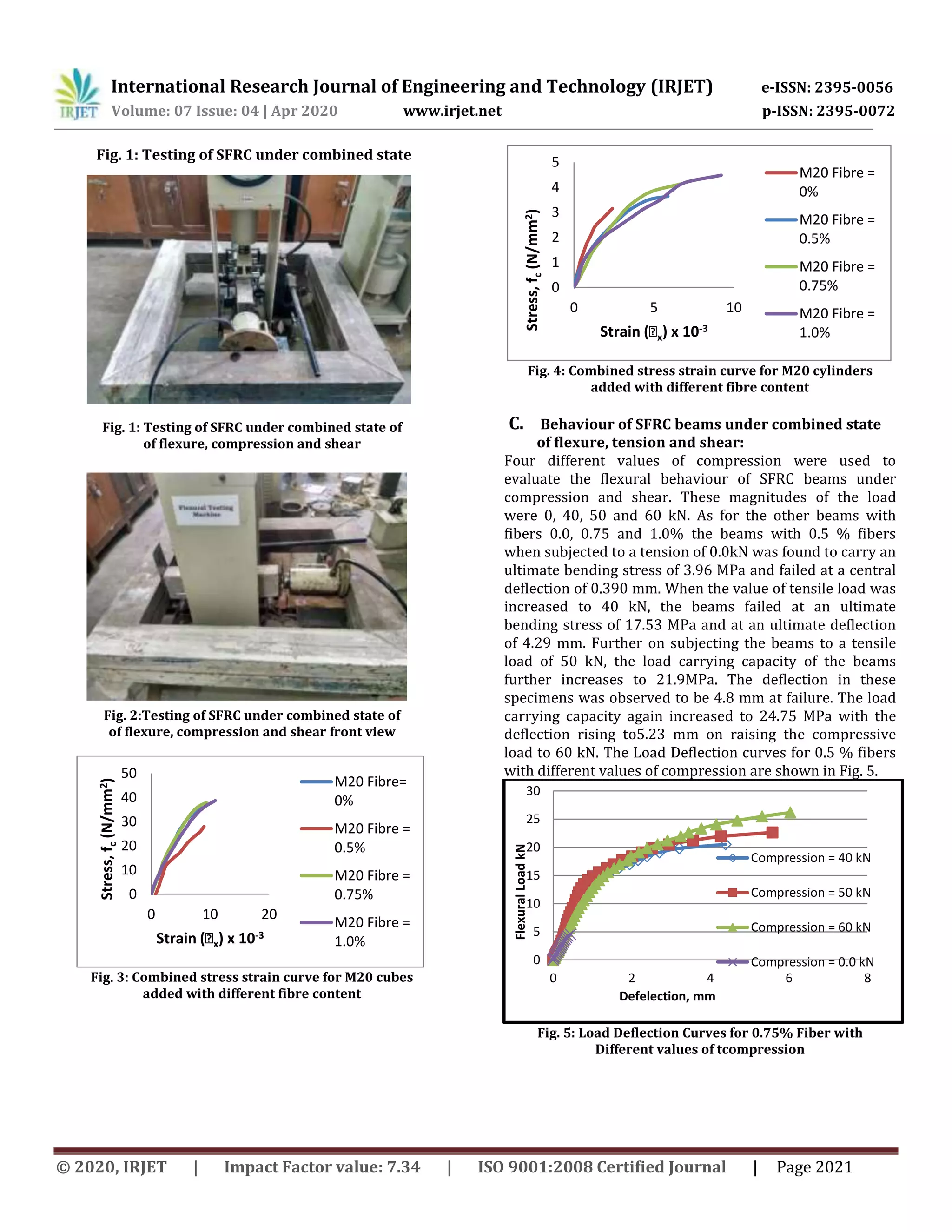 International Research Journal of Engineering and Technology (IRJET) e-ISSN: 2395-0056
Volume: 07 Issue: 04 | Apr 2020 www.irjet.net p-ISSN: 2395-0072
© 2020, IRJET | Impact Factor value: 7.34 | ISO 9001:2008 Certified Journal | Page 2021
Fig. 1: Testing of SFRC under combined state
Fig. 1: Testing of SFRC under combined state of
of flexure, compression and shear
Fig. 2:Testing of SFRC under combined state of
of flexure, compression and shear front view
Fig. 3: Combined stress strain curve for M20 cubes
added with different fibre content
Fig. 4: Combined stress strain curve for M20 cylinders
added with different fibre content
C. Behaviour of SFRC beams under combined state
of flexure, tension and shear:
Four different values of compression were used to
evaluate the flexural behaviour of SFRC beams under
compression and shear. These magnitudes of the load
were 0, 40, 50 and 60 kN. As for the other beams with
fibers 0.0, 0.75 and 1.0% the beams with 0.5 % fibers
when subjected to a tension of 0.0kN was found to carry an
ultimate bending stress of 3.96 MPa and failed at a central
deflection of 0.390 mm. When the value of tensile load was
increased to 40 kN, the beams failed at an ultimate
bending stress of 17.53 MPa and at an ultimate deflection
of 4.29 mm. Further on subjecting the beams to a tensile
load of 50 kN, the load carrying capacity of the beams
further increases to 21.9MPa. The deflection in these
specimens was observed to be 4.8 mm at failure. The load
carrying capacity again increased to 24.75 MPa with the
deflection rising to5.23 mm on raising the compressive
load to 60 kN. The Load Deflection curves for 0.5 % fibers
with different values of compression are shown in Fig. 5.
Fig. 5: Load Deflection Curves for 0.75% Fiber with
Different values of tcompression
0
10
20
30
40
50
0 10 20
Stress,
f
c
(N/mm
2
)
Strain (ꞓx) x 10-3
M20 Fibre=
0%
M20 Fibre =
0.5%
M20 Fibre =
0.75%
M20 Fibre =
1.0%
0
1
2
3
4
5
0 5 10
Stress,
f
c
(N/mm
2
)
Strain (ꞓx) x 10-3
M20 Fibre =
0%
M20 Fibre =
0.5%
M20 Fibre =
0.75%
M20 Fibre =
1.0%
0
5
10
15
20
25
30
0 2 4 6 8
Flexural
Load
kN
Defelection, mm
Compression = 40 kN
Compression = 50 kN
Compression = 60 kN
Compression = 0.0 kN
 