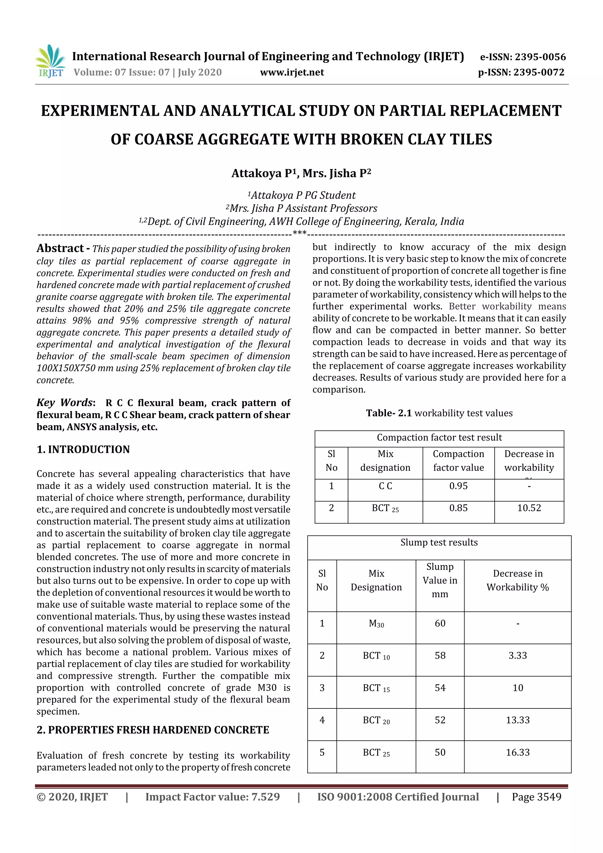 IRJET - Experimental and Analytical Study on Partial Replacement of ...