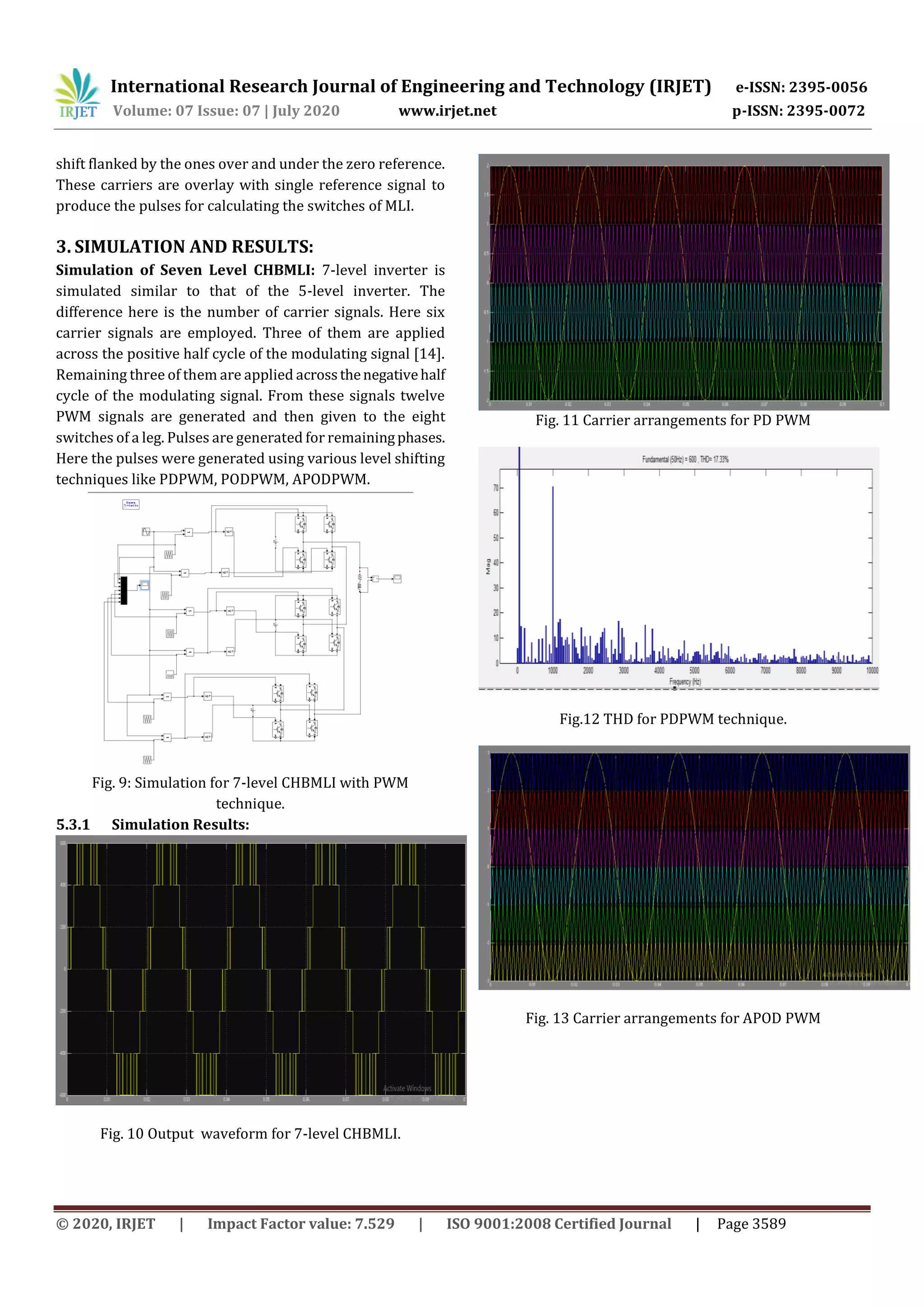 International Research Journal of Engineering and Technology (IRJET) e-ISSN: 2395-0056
Volume: 07 Issue: 07 | July 2020 www.irjet.net p-ISSN: 2395-0072
© 2020, IRJET | Impact Factor value: 7.529 | ISO 9001:2008 Certified Journal | Page 3589
shift flanked by the ones over and under the zero reference.
These carriers are overlay with single reference signal to
produce the pulses for calculating the switches of MLI.
3. SIMULATION AND RESULTS:
Simulation of Seven Level CHBMLI: 7-level inverter is
simulated similar to that of the 5-level inverter. The
difference here is the number of carrier signals. Here six
carrier signals are employed. Three of them are applied
across the positive half cycle of the modulating signal [14].
Remaining three of them are applied acrossthenegativehalf
cycle of the modulating signal. From these signals twelve
PWM signals are generated and then given to the eight
switches of a leg. Pulses are generated for remainingphases.
Here the pulses were generated using various level shifting
techniques like PDPWM, PODPWM, APODPWM.
Fig. 9: Simulation for 7-level CHBMLI with PWM
technique.
5.3.1 Simulation Results:
Fig. 10 Output waveform for 7-level CHBMLI.
Fig. 11 Carrier arrangements for PD PWM
Fig.12 THD for PDPWM technique.
Fig. 13 Carrier arrangements for APOD PWM
 