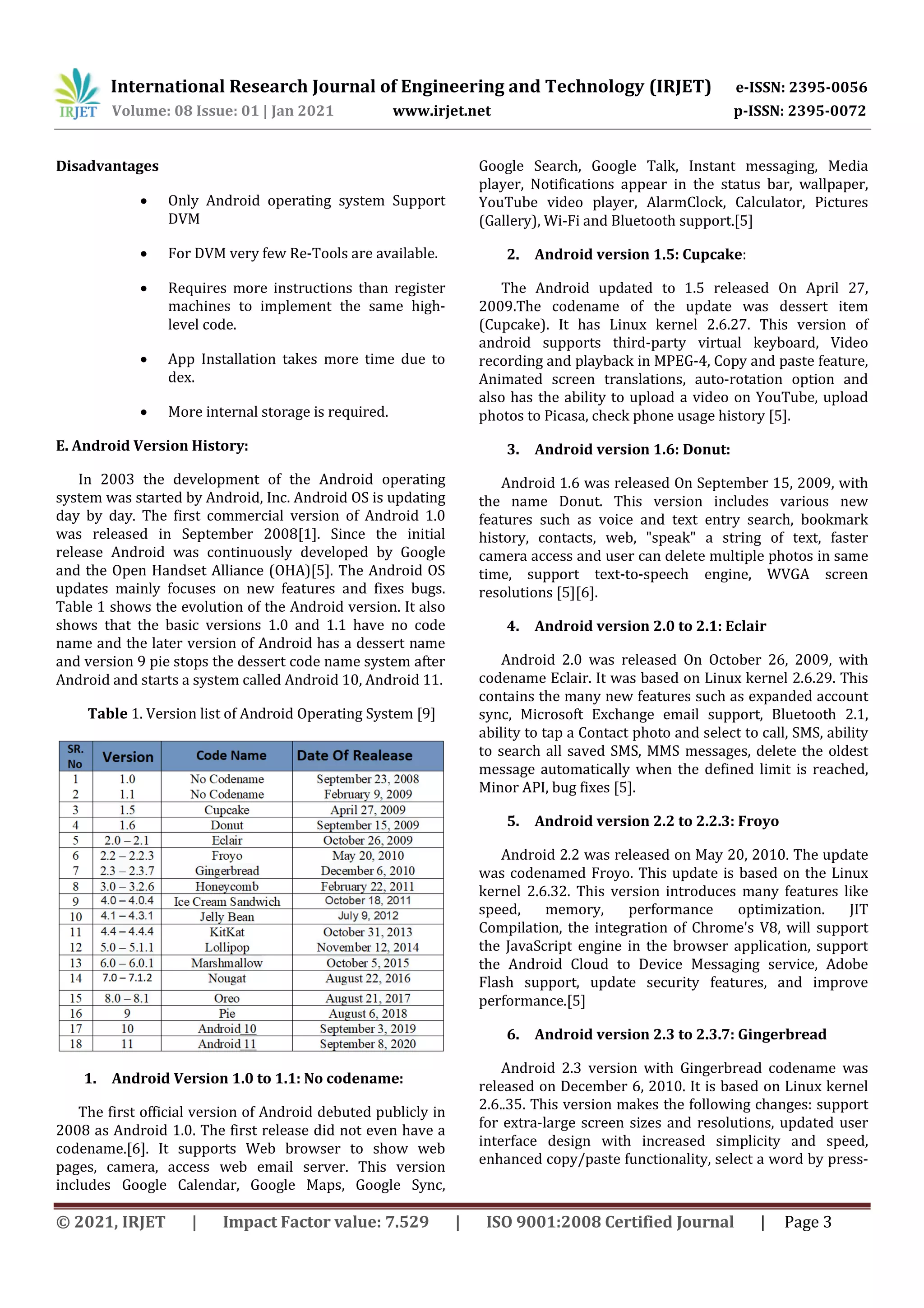 International Research Journal of Engineering and Technology (IRJET) e-ISSN: 2395-0056
Volume: 08 Issue: 01 | Jan 2021 www.irjet.net p-ISSN: 2395-0072
© 2021, IRJET | Impact Factor value: 7.529 | ISO 9001:2008 Certified Journal | Page 3
Disadvantages
 Only Android operating system Support
DVM
 For DVM very few Re-Tools are available.
 Requires more instructions than register
machines to implement the same high-
level code.
 App Installation takes more time due to
dex.
 More internal storage is required.
E. Android Version History:
In 2003 the development of the Android operating
system was started by Android, Inc. Android OS is updating
day by day. The first commercial version of Android 1.0
was released in September 2008[1]. Since the initial
release Android was continuously developed by Google
and the Open Handset Alliance (OHA)[5]. The Android OS
updates mainly focuses on new features and fixes bugs.
Table 1 shows the evolution of the Android version. It also
shows that the basic versions 1.0 and 1.1 have no code
name and the later version of Android has a dessert name
and version 9 pie stops the dessert code name system after
Android and starts a system called Android 10, Android 11.
Table 1. Version list of Android Operating System [9]
1. Android Version 1.0 to 1.1: No codename:
The first official version of Android debuted publicly in
2008 as Android 1.0. The first release did not even have a
codename.[6]. It supports Web browser to show web
pages, camera, access web email server. This version
includes Google Calendar, Google Maps, Google Sync,
Google Search, Google Talk, Instant messaging, Media
player, Notifications appear in the status bar, wallpaper,
YouTube video player, AlarmClock, Calculator, Pictures
(Gallery), Wi-Fi and Bluetooth support.[5]
2. Android version 1.5: Cupcake:
The Android updated to 1.5 released On April 27,
2009.The codename of the update was dessert item
(Cupcake). It has Linux kernel 2.6.27. This version of
android supports third-party virtual keyboard, Video
recording and playback in MPEG-4, Copy and paste feature,
Animated screen translations, auto-rotation option and
also has the ability to upload a video on YouTube, upload
photos to Picasa, check phone usage history [5].
3. Android version 1.6: Donut:
Android 1.6 was released On September 15, 2009, with
the name Donut. This version includes various new
features such as voice and text entry search, bookmark
history, contacts, web, "speak" a string of text, faster
camera access and user can delete multiple photos in same
time, support text-to-speech engine, WVGA screen
resolutions [5][6].
4. Android version 2.0 to 2.1: Eclair
Android 2.0 was released On October 26, 2009, with
codename Eclair. It was based on Linux kernel 2.6.29. This
contains the many new features such as expanded account
sync, Microsoft Exchange email support, Bluetooth 2.1,
ability to tap a Contact photo and select to call, SMS, ability
to search all saved SMS, MMS messages, delete the oldest
message automatically when the defined limit is reached,
Minor API, bug fixes [5].
5. Android version 2.2 to 2.2.3: Froyo
Android 2.2 was released on May 20, 2010. The update
was codenamed Froyo. This update is based on the Linux
kernel 2.6.32. This version introduces many features like
speed, memory, performance optimization. JIT
Compilation, the integration of Chrome's V8, will support
the JavaScript engine in the browser application, support
the Android Cloud to Device Messaging service, Adobe
Flash support, update security features, and improve
performance.[5]
6. Android version 2.3 to 2.3.7: Gingerbread
Android 2.3 version with Gingerbread codename was
released on December 6, 2010. It is based on Linux kernel
2.6..35. This version makes the following changes: support
for extra-large screen sizes and resolutions, updated user
interface design with increased simplicity and speed,
enhanced copy/paste functionality, select a word by press-
 