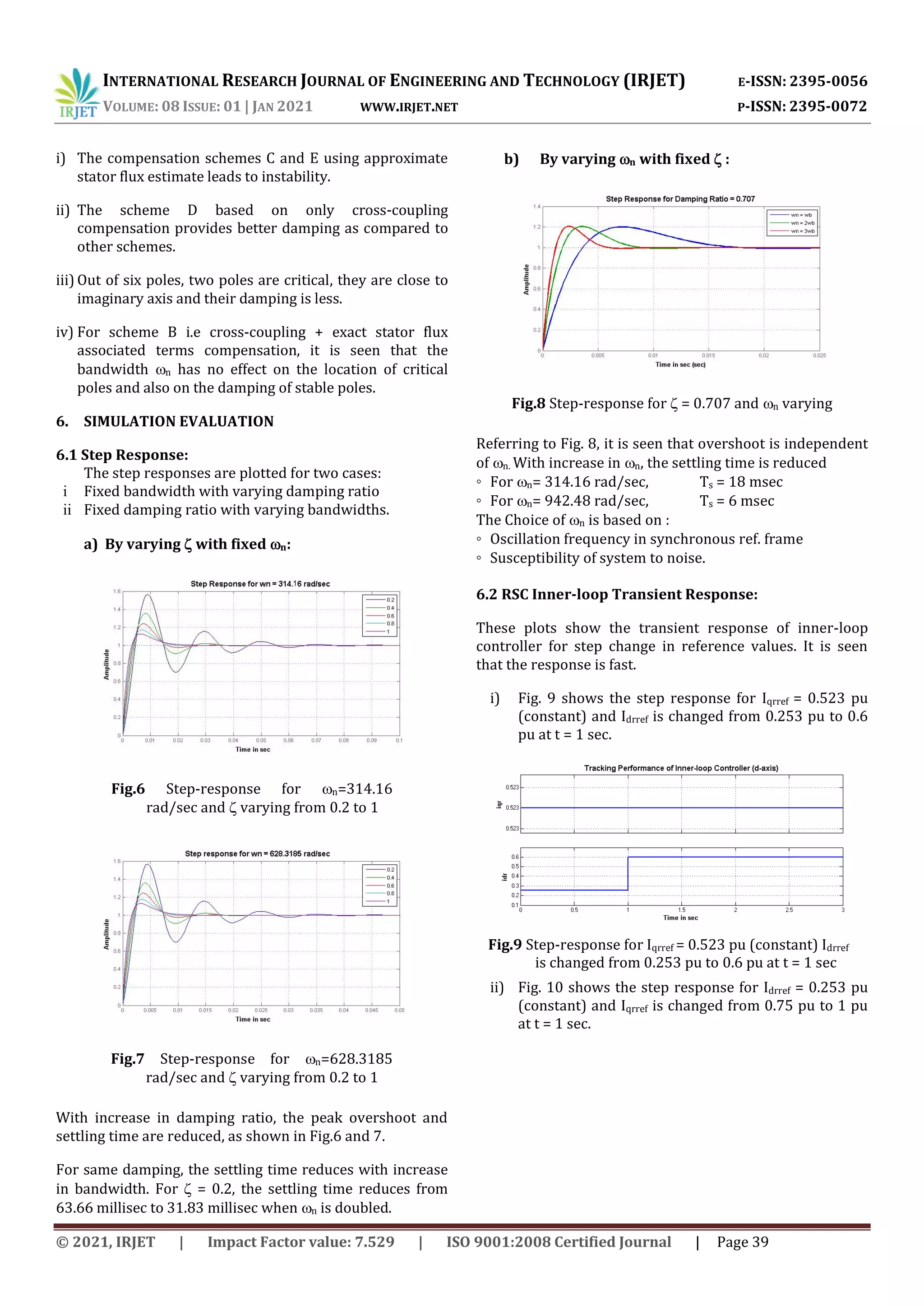 INTERNATIONAL RESEARCH JOURNAL OF ENGINEERING AND TECHNOLOGY (IRJET) E-ISSN: 2395-0056
VOLUME: 08 ISSUE: 01 | JAN 2021 WWW.IRJET.NET P-ISSN: 2395-0072
© 2021, IRJET | Impact Factor value: 7.529 | ISO 9001:2008 Certified Journal | Page 39
i) The compensation schemes C and E using approximate
stator flux estimate leads to instability.
ii) The scheme D based on only cross-coupling
compensation provides better damping as compared to
other schemes.
iii) Out of six poles, two poles are critical, they are close to
imaginary axis and their damping is less.
iv) For scheme B i.e cross-coupling + exact stator flux
associated terms compensation, it is seen that the
bandwidth n has no effect on the location of critical
poles and also on the damping of stable poles.
6. SIMULATION EVALUATION
6.1 Step Response:
The step responses are plotted for two cases:
i Fixed bandwidth with varying damping ratio
ii Fixed damping ratio with varying bandwidths.
a) By varying with fixed n:
With increase in damping ratio, the peak overshoot and
settling time are reduced, as shown in Fig.6 and 7.
For same damping, the settling time reduces with increase
in bandwidth. For = 0.2, the settling time reduces from
63.66 millisec to 31.83 millisec when n is doubled.
b) By varying n with fixed :
Referring to Fig. 8, it is seen that overshoot is independent
of n. With increase in n, the settling time is reduced
◦ For n= 314.16 rad/sec, Ts = 18 msec
◦ For n= 942.48 rad/sec, Ts = 6 msec
The Choice of n is based on :
◦ Oscillation frequency in synchronous ref. frame
◦ Susceptibility of system to noise.
6.2 RSC Inner-loop Transient Response:
These plots show the transient response of inner-loop
controller for step change in reference values. It is seen
that the response is fast.
i) Fig. 9 shows the step response for Iqrref = 0.523 pu
(constant) and Idrref is changed from 0.253 pu to 0.6
pu at t = 1 sec.
ii) Fig. 10 shows the step response for Idrref = 0.253 pu
(constant) and Iqrref is changed from 0.75 pu to 1 pu
at t = 1 sec.
Fig.6 Step-response for n=314.16
rad/sec and varying from 0.2 to 1
Fig.7 Step-response for n=628.3185
rad/sec and varying from 0.2 to 1
Fig.8 Step-response for = 0.707 and n varying
Fig.9 Step-response for Iqrref = 0.523 pu (constant) Idrref
is changed from 0.253 pu to 0.6 pu at t = 1 sec
 