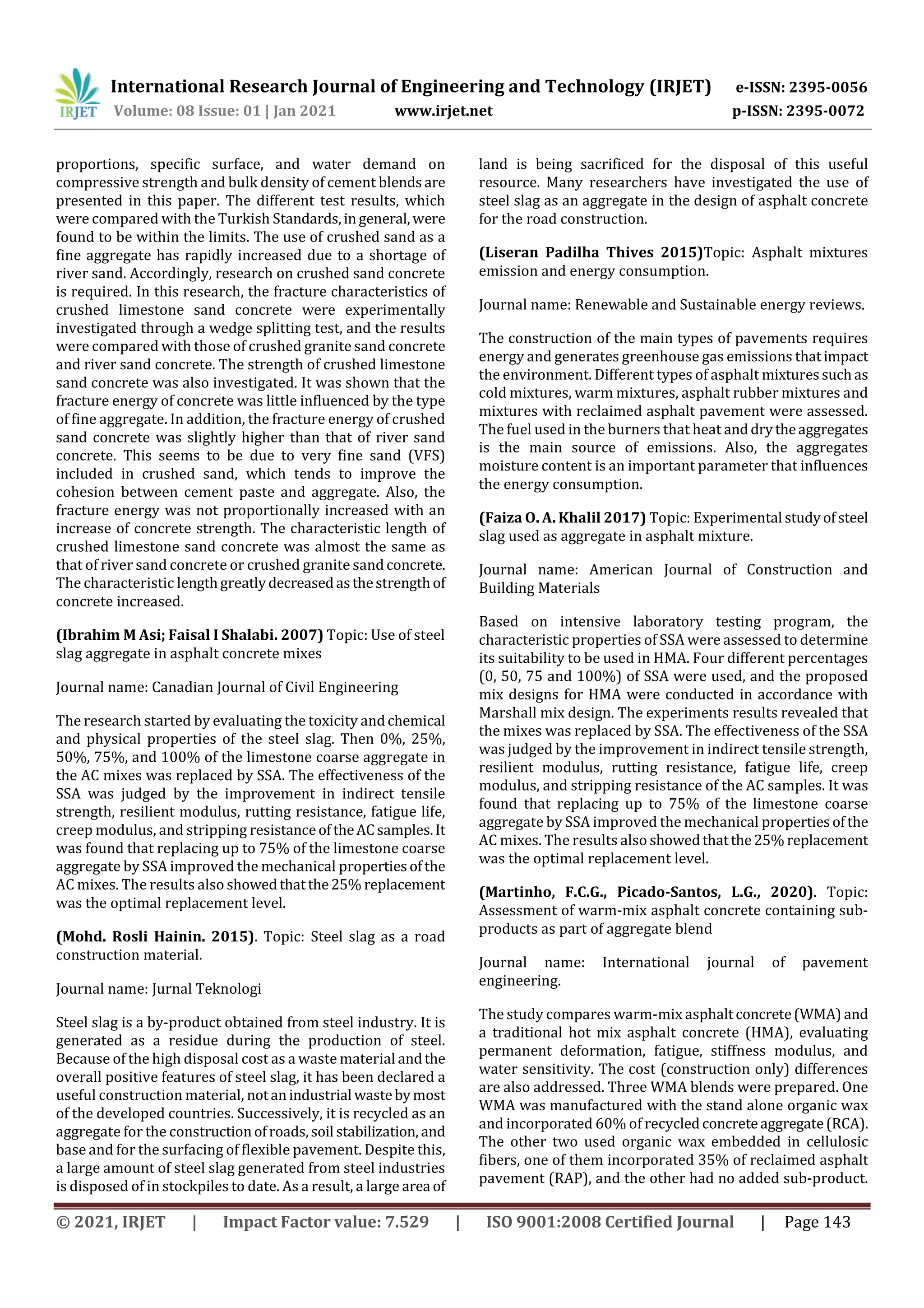 IRJET - A Review on Use of Steel Slag in Asphalt Road Construction | PDF