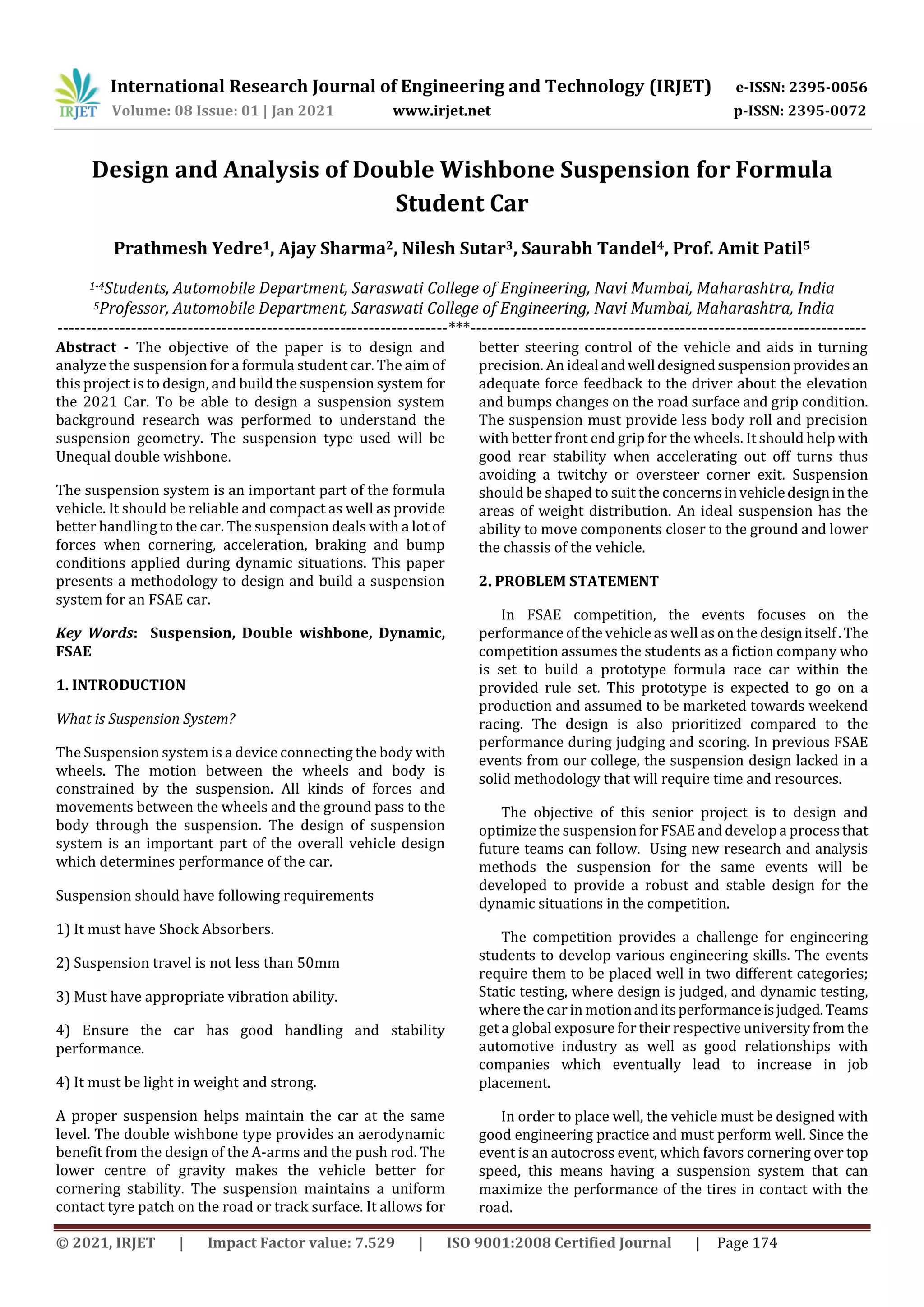 IRJET - Design and Analysis of Double Wishbone Suspension for Formula ...