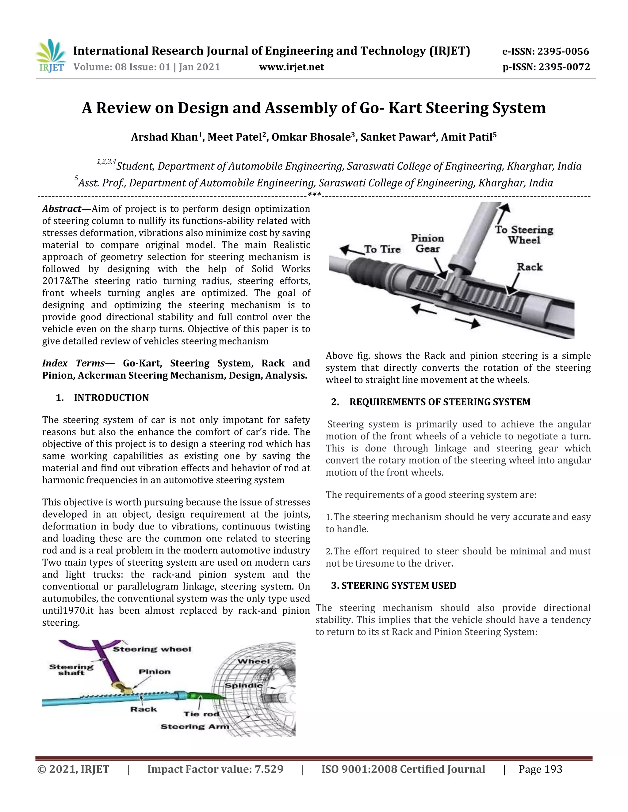 IRJET - A Review on Design and Assembly of Go- Kart Steering System | PDF