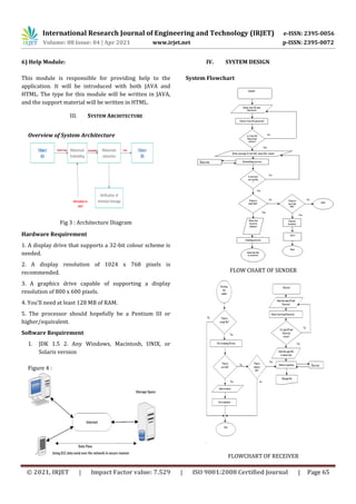 International Research Journal of Engineering and Technology (IRJET) e-ISSN: 2395-0056
Volume: 08 Issue: 04 | Apr 2021 www.irjet.net p-ISSN: 2395-0072
© 2021, IRJET | Impact Factor value: 7.529 | ISO 9001:2008 Certified Journal | Page 65
6) Help Module:
This module is responsible for providing help to the
application. It will be introduced with both JAVA and
HTML. The type for this module will be written in JAVA,
and the support material will be written in HTML.
III. SYSTEM ARCHITECTURE
Overview of System Architecture
Fig 3 : Architecture Diagram
Hardware Requirement
1. A display drive that supports a 32-bit colour scheme is
needed.
2. A display resolution of 1024 x 768 pixels is
recommended.
3. A graphics drive capable of supporting a display
resolution of 800 x 600 pixels.
4. You'll need at least 128 MB of RAM.
5. The processor should hopefully be a Pentium III or
higher/equivalent.
Software Requirement
1. JDK 1.5 2. Any Windows, Macintosh, UNIX, or
Solaris version
Figure 4 :
IV. SYSTEM DESIGN
System Flowchart
FLOW CHART OF SENDER
FLOWCHART OF RECEIVER
 