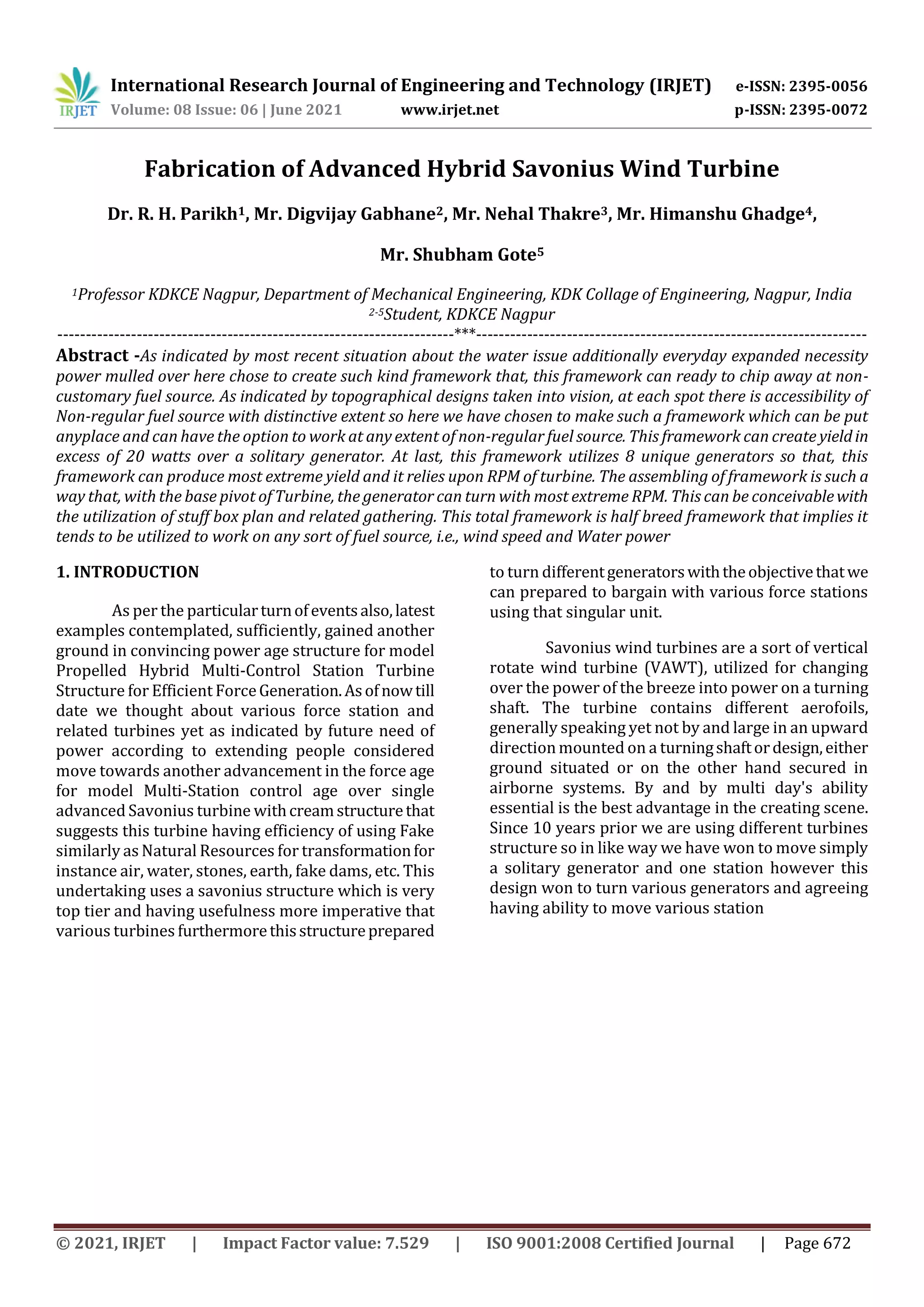 Fabrication of Advanced Hybrid Savonius Wind Turbine | PDF | Physics ...