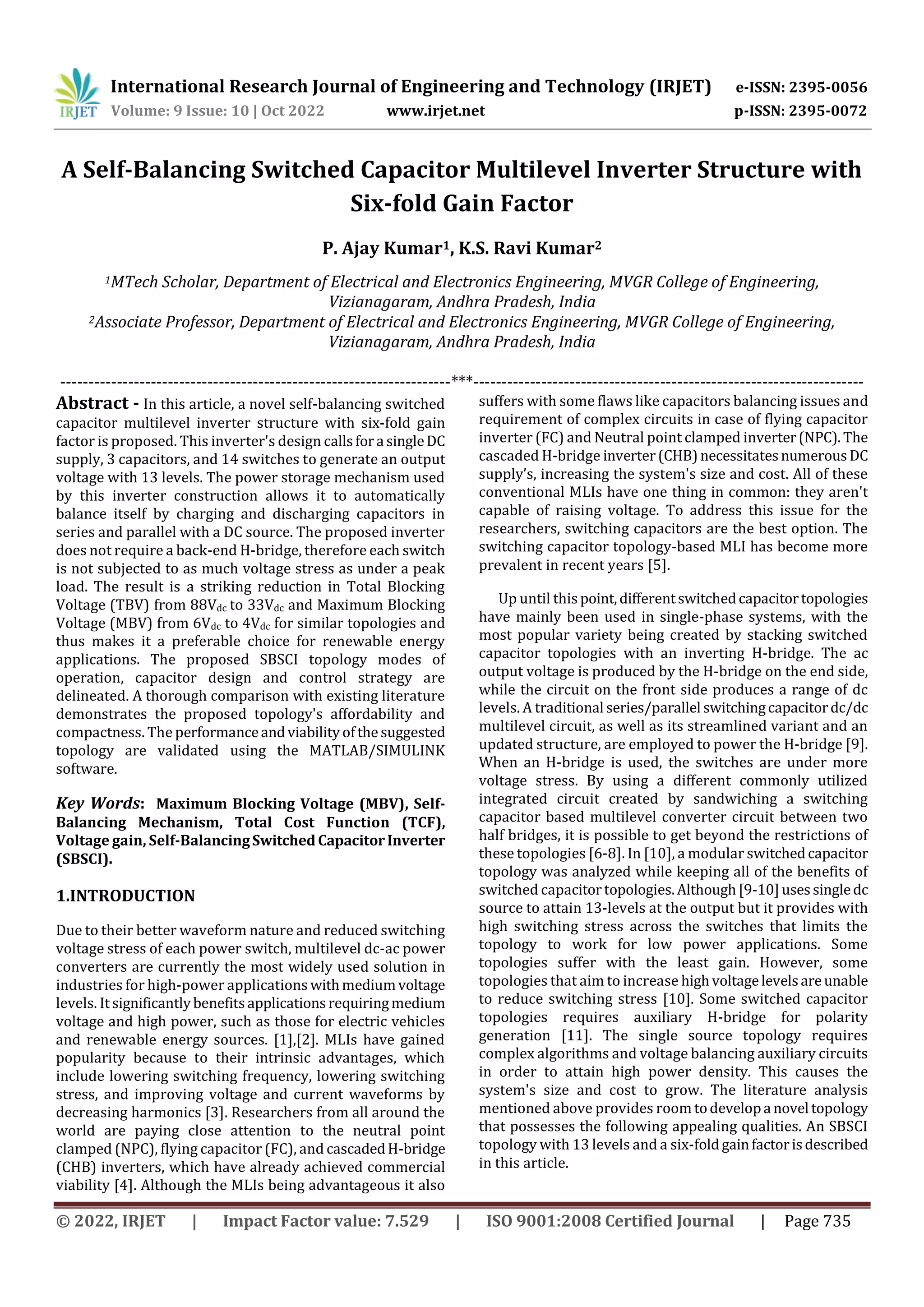 A Self-Balancing Switched Capacitor Multilevel Inverter Structure with ...