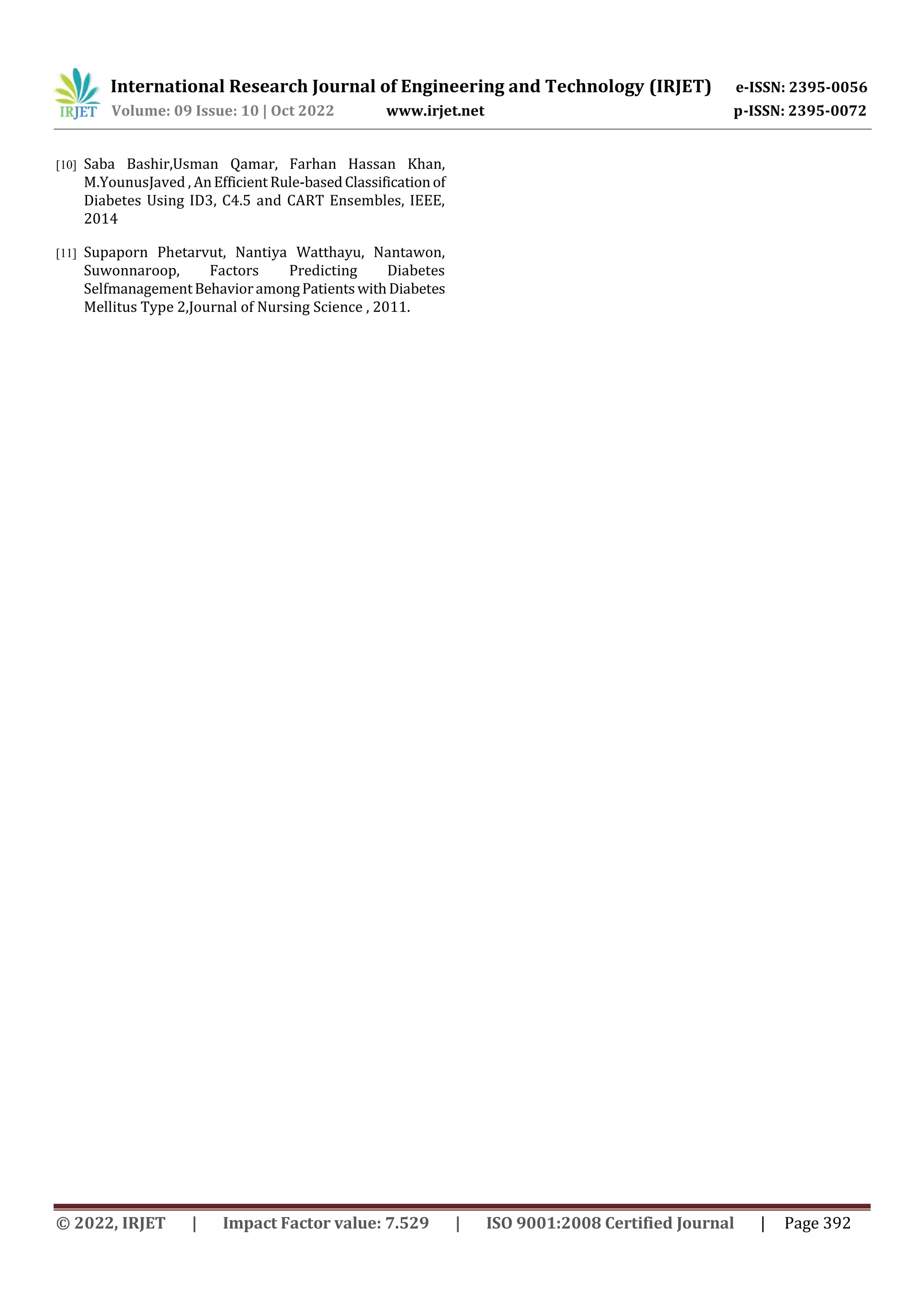 International Research Journal of Engineering and Technology (IRJET) e-ISSN: 2395-0056
Volume: 09 Issue: 10 | Oct 2022 www.irjet.net p-ISSN: 2395-0072
© 2022, IRJET | Impact Factor value: 7.529 | ISO 9001:2008 Certified Journal | Page 392
[10] Saba Bashir,Usman Qamar, Farhan Hassan Khan,
M.YounusJaved , AnEfficient Rule-basedClassificationof
Diabetes Using ID3, C4.5 and CART Ensembles, IEEE,
2014
[11] Supaporn Phetarvut, Nantiya Watthayu, Nantawon,
Suwonnaroop, Factors Predicting Diabetes
SelfmanagementBehavioramongPatientswithDiabetes
Mellitus Type 2,Journal of Nursing Science , 2011.
 