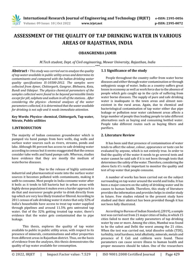 ASSESSMENT OF THE QUALITY OF TAP DRINKING WATER IN VARIOUS AREAS OF ...