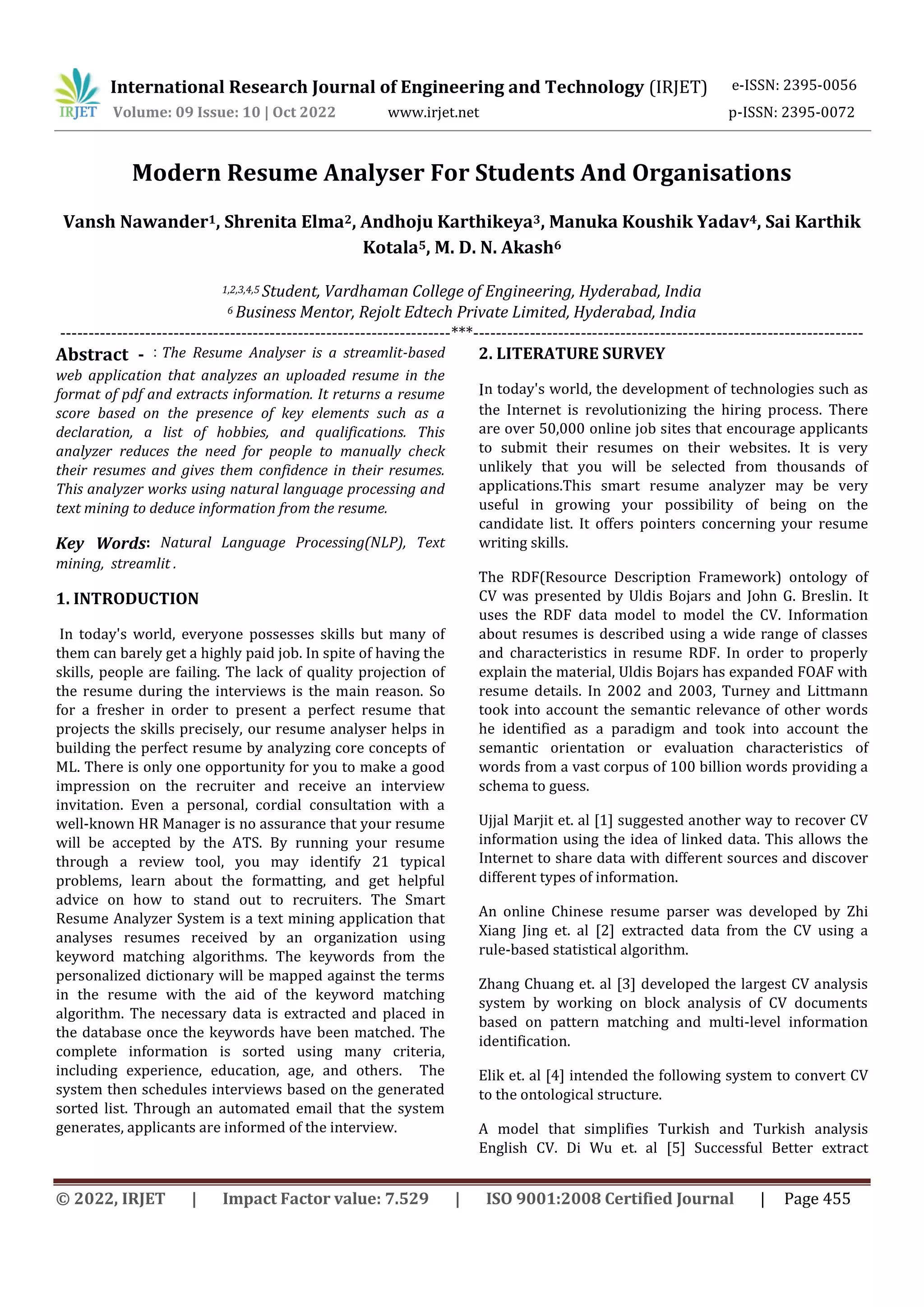 Modern Resume Analyser For Students And Organisations | PDF