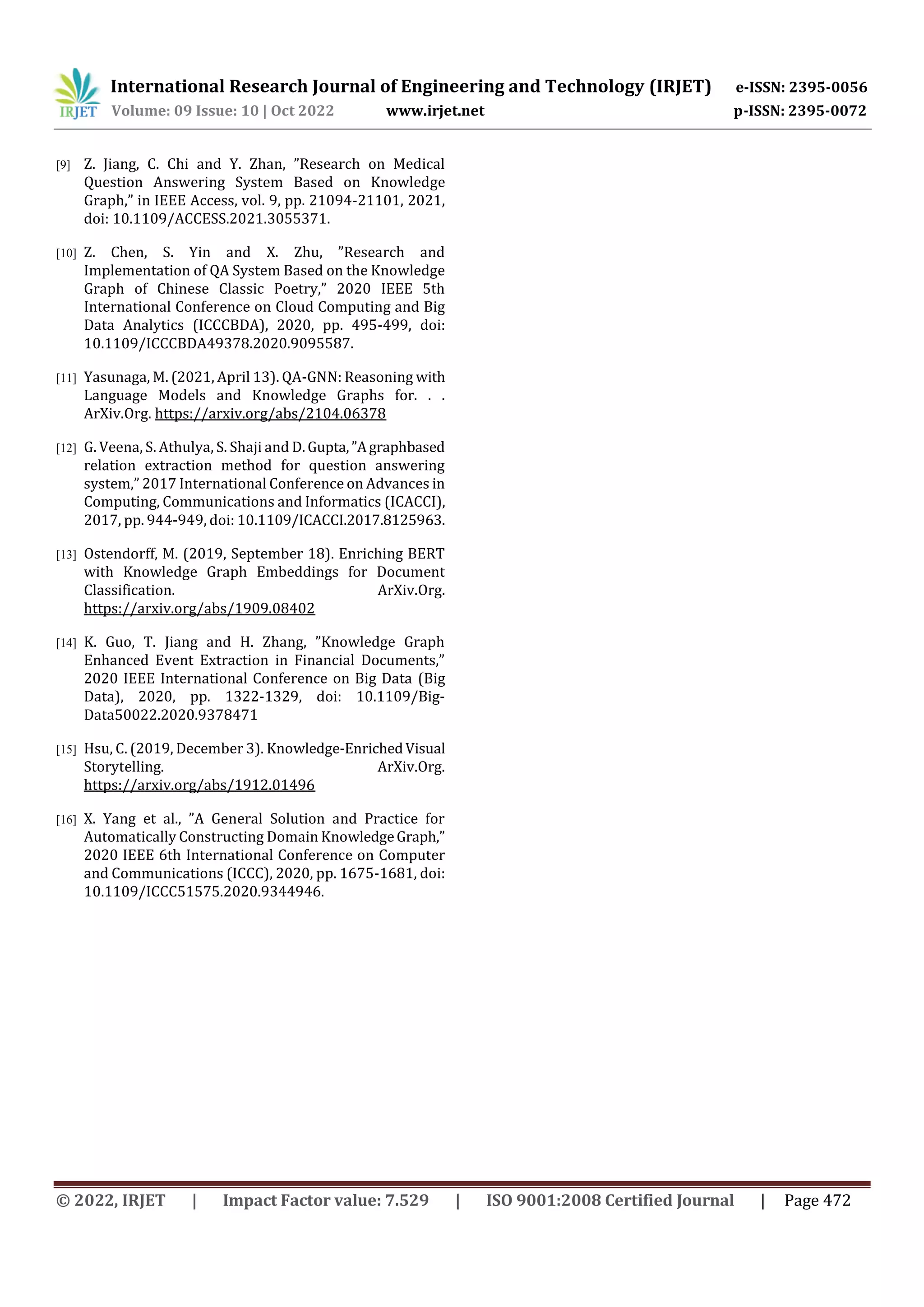 International Research Journal of Engineering and Technology (IRJET) e-ISSN: 2395-0056
Volume: 09 Issue: 10 | Oct 2022 www.irjet.net p-ISSN: 2395-0072
© 2022, IRJET | Impact Factor value: 7.529 | ISO 9001:2008 Certified Journal | Page 472
[9] Z. Jiang, C. Chi and Y. Zhan, ”Research on Medical
Question Answering System Based on Knowledge
Graph,” in IEEE Access, vol. 9, pp. 21094-21101, 2021,
doi: 10.1109/ACCESS.2021.3055371.
[10] Z. Chen, S. Yin and X. Zhu, ”Research and
Implementation of QA System Based on the Knowledge
Graph of Chinese Classic Poetry,” 2020 IEEE 5th
International Conference on Cloud Computing and Big
Data Analytics (ICCCBDA), 2020, pp. 495-499, doi:
10.1109/ICCCBDA49378.2020.9095587.
[11] Yasunaga, M. (2021, April 13). QA-GNN: Reasoning with
Language Models and Knowledge Graphs for. . .
ArXiv.Org. https://arxiv.org/abs/2104.06378
[12] G. Veena, S. Athulya, S. Shaji and D.Gupta,”Agraphbased
relation extraction method for question answering
system,” 2017 International Conference on Advances in
Computing, Communications and Informatics (ICACCI),
2017, pp. 944-949, doi: 10.1109/ICACCI.2017.8125963.
[13] Ostendorff, M. (2019, September 18). Enriching BERT
with Knowledge Graph Embeddings for Document
Classification. ArXiv.Org.
https://arxiv.org/abs/1909.08402
[14] K. Guo, T. Jiang and H. Zhang, ”Knowledge Graph
Enhanced Event Extraction in Financial Documents,”
2020 IEEE International Conference on Big Data (Big
Data), 2020, pp. 1322-1329, doi: 10.1109/Big-
Data50022.2020.9378471
[15] Hsu, C. (2019, December 3). Knowledge-EnrichedVisual
Storytelling. ArXiv.Org.
https://arxiv.org/abs/1912.01496
[16] X. Yang et al., ”A General Solution and Practice for
Automatically Constructing Domain KnowledgeGraph,”
2020 IEEE 6th International Conference on Computer
and Communications (ICCC), 2020, pp. 1675-1681, doi:
10.1109/ICCC51575.2020.9344946.
 