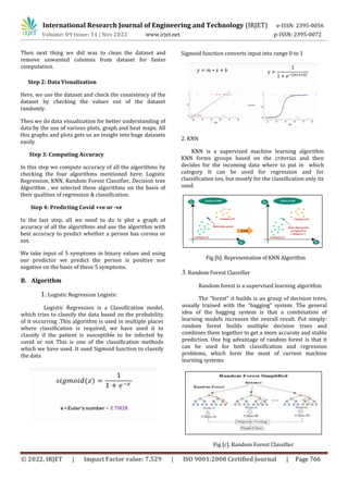 International Research Journal of Engineering and Technology (IRJET) e-ISSN: 2395-0056
Volume: 09 Issue: 11 | Nov 2022 www.irjet.net p-ISSN: 2395-0072
© 2022, IRJET | Impact Factor value: 7.529 | ISO 9001:2008 Certified Journal | Page 766
Step 2: Data Visualization
Here, we use the dataset and check the consistency of the
dataset by checking the values out of the dataset
randomly.
Then we do data visualization for better understanding of
data by the use of various plots, graph and heat maps. All
this graphs and plots gets us an insight into huge datasets
easily.
Step 3: Computing Accuracy
In this step we compute accuracy of all the algorithms by
checking the four algorithms mentioned here: Logistic
Regression, KNN, Random Forest Classifier, Decision tree
Algorithm , we selected these algorithms on the basis of
their qualities of regression & classification.
Step 4: Predicting Covid +ve or -ve
In the last step, all we need to do is plot a graph of
accuracy of all the algorithms and use the algorithm with
best accuracy to predict whether a person has corona or
not.
We take input of 5 symptoms in binary values and using
our predictor we predict the person is positive nor
negative on the basis of these 5 symptoms.
Then next thing we did was to clean the dataset and
remove unwanted columns from dataset for faster
computation.
B. Algorithm
1. Logistic Regression Logistic
Logistic Regression is a Classification model,
which tries to classify the data based on the probability
of it occurring .This algorithm is used in multiple places
where classification is required, we have used it to
classify if the patient is susceptible to be infected by
covid or not This is one of the classification methods
which we have used. It used Sigmoid function to classify
the data
Sigmoid function converts input into range 0 to 1
2. KNN
KNN is a supervised machine learning algorithm
KNN forms groups based on the criterias and then
decides for the incoming data where to put in which
category It can be used for regression and for
classification too, but mostly for the classification only its
used.
Fig [b]. Representation of KNN Algorithm
3. Random Forest Classifier
Random forest is a supervised learning algorithm.
The "forest" it builds is an group of decision trees,
usually trained with the “bagging” system. The general
idea of the bagging system is that a combination of
learning models increases the overall result. Put simply:
random forest builds multiple decision trees and
combines them together to get a more accurate and stable
prediction. One big advantage of random forest is that it
can be used for both classification and regression
problems, which form the most of current machine
learning systems
Fig [c]. Random Forest Classifier
 