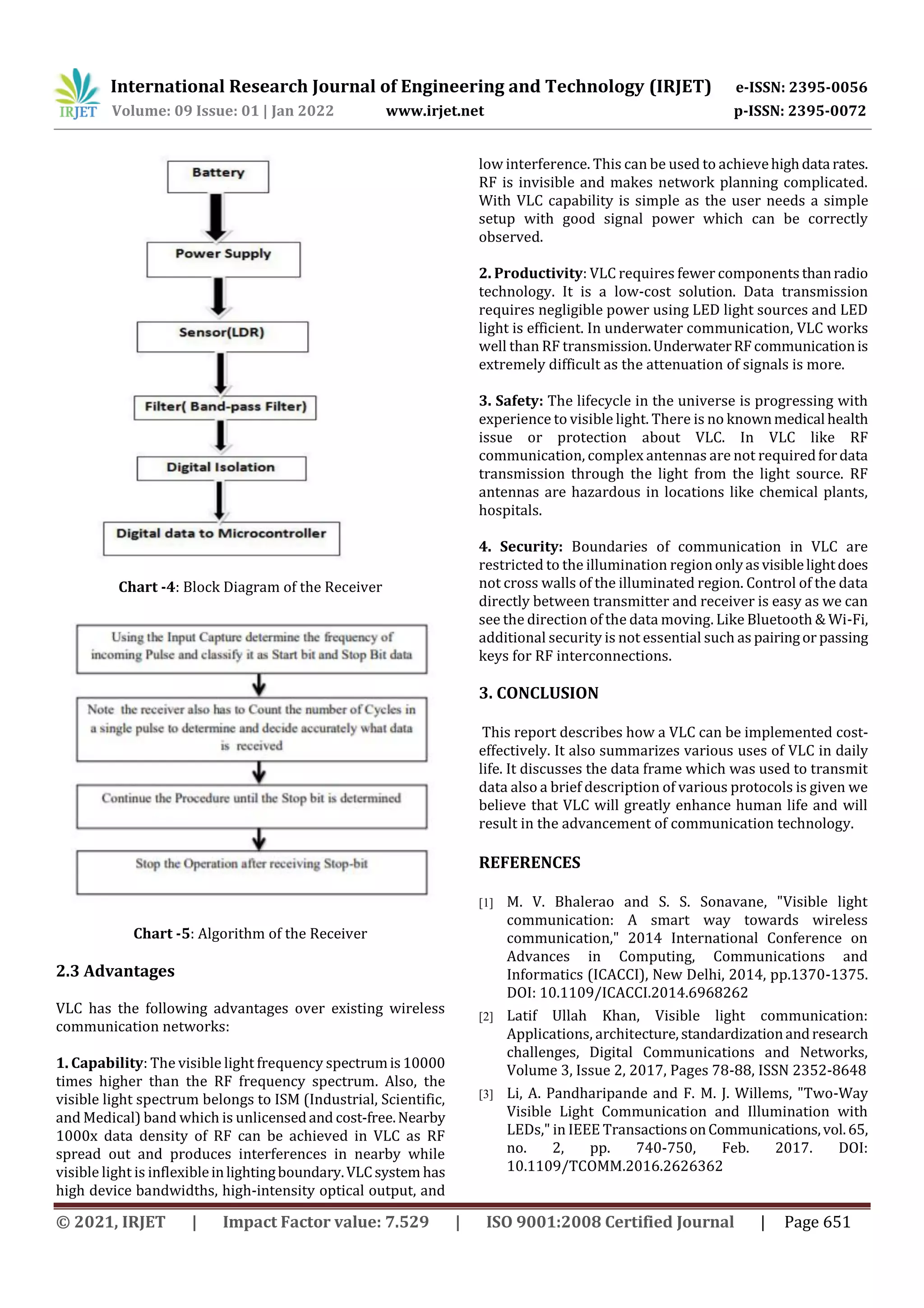 International Research Journal of Engineering and Technology (IRJET) e-ISSN: 2395-0056
Volume: 09 Issue: 01 | Jan 2022 www.irjet.net p-ISSN: 2395-0072
© 2021, IRJET | Impact Factor value: 7.529 | ISO 9001:2008 Certified Journal | Page 651
Chart -4: Block Diagram of the Receiver
Chart -5: Algorithm of the Receiver
2.3 Advantages
VLC has the following advantages over existing wireless
communication networks:
1. Capability: The visible light frequency spectrumis10000
times higher than the RF frequency spectrum. Also, the
visible light spectrum belongs to ISM (Industrial, Scientific,
and Medical) band which is unlicensedand cost-free.Nearby
1000x data density of RF can be achieved in VLC as RF
spread out and produces interferences in nearby while
visible light is inflexibleinlightingboundary.VLCsystem has
high device bandwidths, high-intensity optical output, and
low interference. This can be used to achievehighdata rates.
RF is invisible and makes network planning complicated.
With VLC capability is simple as the user needs a simple
setup with good signal power which can be correctly
observed.
2. Productivity: VLC requires fewer components thanradio
technology. It is a low-cost solution. Data transmission
requires negligible power using LED light sources and LED
light is efficient. In underwater communication, VLC works
well than RF transmission.UnderwaterRFcommunicationis
extremely difficult as the attenuation of signals is more.
3. Safety: The lifecycle in the universe is progressing with
experience to visible light. There is no knownmedical health
issue or protection about VLC. In VLC like RF
communication, complex antennas are not requiredfordata
transmission through the light from the light source. RF
antennas are hazardous in locations like chemical plants,
hospitals.
4. Security: Boundaries of communication in VLC are
restricted to the illumination regiononlyasvisiblelightdoes
not cross walls of the illuminated region. Control of the data
directly between transmitter and receiver is easy as we can
see the direction of the data moving. Like Bluetooth & Wi-Fi,
additional security is not essential such as pairingor passing
keys for RF interconnections.
3. CONCLUSION
This report describes how a VLC can be implemented cost-
effectively. It also summarizes various uses of VLC in daily
life. It discusses the data frame which was used to transmit
data also a brief description of various protocols is given we
believe that VLC will greatly enhance human life and will
result in the advancement of communication technology.
REFERENCES
[1] M. V. Bhalerao and S. S. Sonavane, "Visible light
communication: A smart way towards wireless
communication," 2014 International Conference on
Advances in Computing, Communications and
Informatics (ICACCI), New Delhi, 2014, pp.1370-1375.
DOI: 10.1109/ICACCI.2014.6968262
[2] Latif Ullah Khan, Visible light communication:
Applications, architecture, standardizationandresearch
challenges, Digital Communications and Networks,
Volume 3, Issue 2, 2017, Pages 78-88, ISSN 2352-8648
[3] Li, A. Pandharipande and F. M. J. Willems, "Two-Way
Visible Light Communication and Illumination with
LEDs," in IEEE TransactionsonCommunications,vol.65,
no. 2, pp. 740-750, Feb. 2017. DOI:
10.1109/TCOMM.2016.2626362
 
