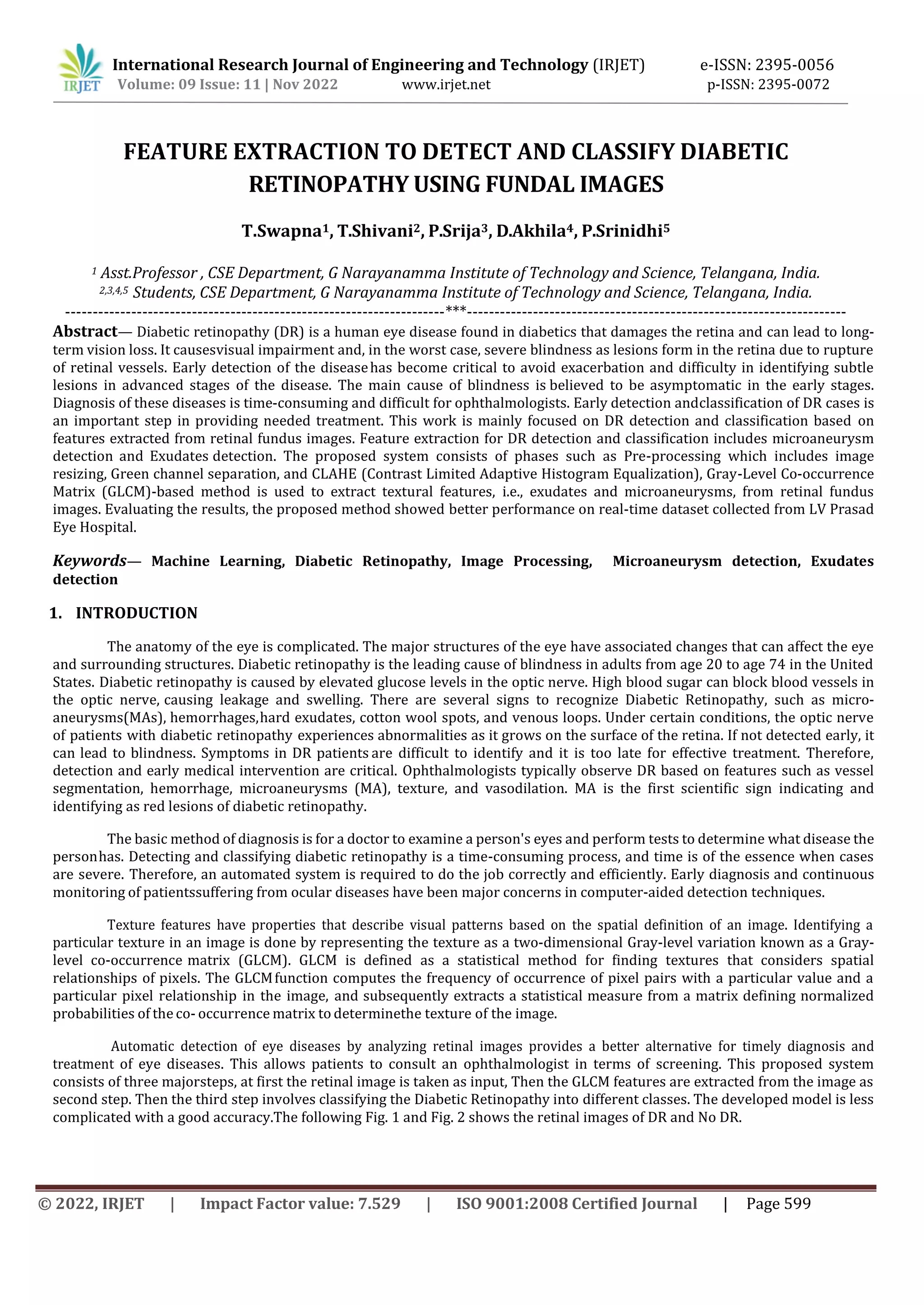 FEATURE EXTRACTION TO DETECT AND CLASSIFY DIABETIC RETINOPATHY USING ...