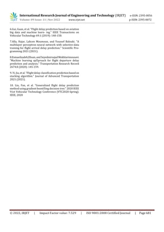 International Research Journal of Engineering and Technology (IRJET) e-ISSN: 2395-0056
Volume: 09 Issue: 11 | Nov 2022 www.irjet.net p-ISSN: 2395-0072
© 2022, IRJET | Impact Factor value: 7.529 | ISO 9001:2008 Certified Journal | Page 681
6.Gui, Guan, et al. ”Flight delay prediction based on aviation
big data and machine learn- ing.” IEEE Transactions on
Vehicular Technology 69.1 (2019): 140-150.
7.Alla, Hajar, Lahcen Moumoun, and Youssef Balouki. ”A
multilayer perceptron neural network with selective-data
training for flight arrival delay prediction.” Scientific Pro-
gramming 2021 (2021).
8.Esmaeilzadeh,Ehsan,andSeyedmirsajadMokhtarimousavi.
”Machine learning approach for flight departure delay
prediction and analysis.” Transportation Research Record
2674.8 (2020): 145-159.
9. Yi, Jia, et al. ”Flight delay classification predictionbasedon
stacking algorithm.” Journal of Advanced Transportation
2021 (2021).
10. Liu, Fan, et al. ”Generalized flight delay prediction
method using gradient boosting decision tree.” 2020 IEEE
91st Vehicular Technology Conference (VTC2020-Spring).
IEEE, 2020
 