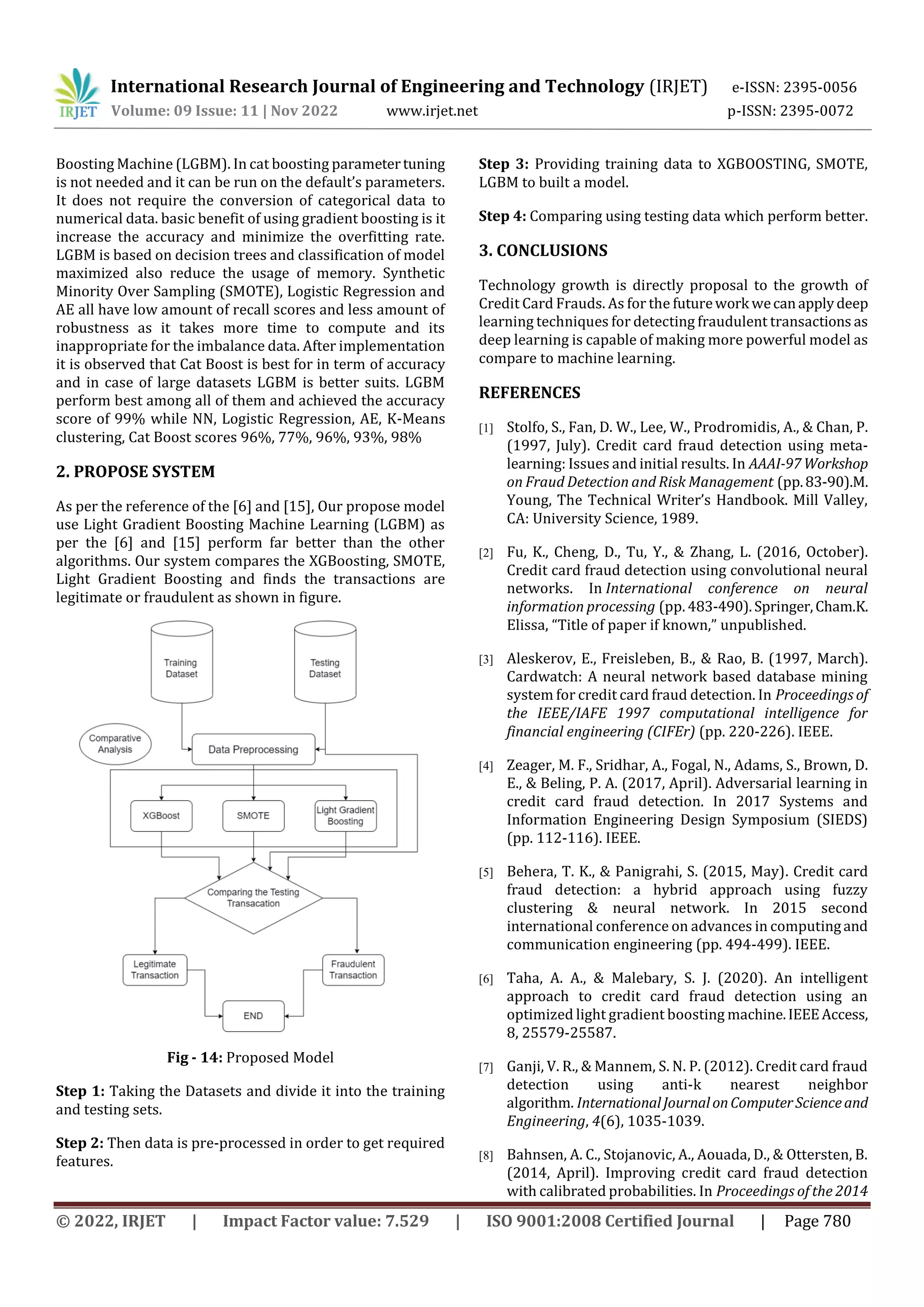 International Research Journal of Engineering and Technology (IRJET) e-ISSN: 2395-0056
Volume: 09 Issue: 11 | Nov 2022 www.irjet.net p-ISSN: 2395-0072
© 2022, IRJET | Impact Factor value: 7.529 | ISO 9001:2008 Certified Journal | Page 780
Boosting Machine (LGBM). In cat boosting parametertuning
is not needed and it can be run on the default’s parameters.
It does not require the conversion of categorical data to
numerical data. basic benefit of using gradient boosting is it
increase the accuracy and minimize the overfitting rate.
LGBM is based on decision trees and classification of model
maximized also reduce the usage of memory. Synthetic
Minority Over Sampling (SMOTE), Logistic Regression and
AE all have low amount of recall scores and less amount of
robustness as it takes more time to compute and its
inappropriate for the imbalance data. After implementation
it is observed that Cat Boost is best for in term of accuracy
and in case of large datasets LGBM is better suits. LGBM
perform best among all of them and achieved the accuracy
score of 99% while NN, Logistic Regression, AE, K-Means
clustering, Cat Boost scores 96%, 77%, 96%, 93%, 98%
2. PROPOSE SYSTEM
As per the reference of the [6] and [15], Our propose model
use Light Gradient Boosting Machine Learning (LGBM) as
per the [6] and [15] perform far better than the other
algorithms. Our system compares the XGBoosting, SMOTE,
Light Gradient Boosting and finds the transactions are
legitimate or fraudulent as shown in figure.
Fig - 14: Proposed Model
Step 1: Taking the Datasets and divide it into the training
and testing sets.
Step 2: Then data is pre-processed in order to get required
features.
Step 3: Providing training data to XGBOOSTING, SMOTE,
LGBM to built a model.
Step 4: Comparing using testing data which perform better.
3. CONCLUSIONS
Technology growth is directly proposal to the growth of
Credit Card Frauds. As for the futurework wecanapplydeep
learning techniques for detecting fraudulent transactions as
deep learning is capable of making more powerful model as
compare to machine learning.
REFERENCES
[1] Stolfo, S., Fan, D. W., Lee, W., Prodromidis, A., & Chan, P.
(1997, July). Credit card fraud detection using meta-
learning: Issues and initial results. In AAAI-97Workshop
on Fraud Detection and Risk Management (pp.83-90).M.
Young, The Technical Writer’s Handbook. Mill Valley,
CA: University Science, 1989.
[2] Fu, K., Cheng, D., Tu, Y., & Zhang, L. (2016, October).
Credit card fraud detection using convolutional neural
networks. In International conference on neural
information processing (pp. 483-490).Springer,Cham.K.
Elissa, “Title of paper if known,” unpublished.
[3] Aleskerov, E., Freisleben, B., & Rao, B. (1997, March).
Cardwatch: A neural network based database mining
system for credit card fraud detection. In Proceedings of
the IEEE/IAFE 1997 computational intelligence for
financial engineering (CIFEr) (pp. 220-226). IEEE.
[4] Zeager, M. F., Sridhar, A., Fogal, N., Adams, S., Brown, D.
E., & Beling, P. A. (2017, April). Adversarial learning in
credit card fraud detection. In 2017 Systems and
Information Engineering Design Symposium (SIEDS)
(pp. 112-116). IEEE.
[5] Behera, T. K., & Panigrahi, S. (2015, May). Credit card
fraud detection: a hybrid approach using fuzzy
clustering & neural network. In 2015 second
international conference on advances in computingand
communication engineering (pp. 494-499). IEEE.
[6] Taha, A. A., & Malebary, S. J. (2020). An intelligent
approach to credit card fraud detection using an
optimized light gradient boosting machine.IEEEAccess,
8, 25579-25587.
[7] Ganji, V. R., & Mannem, S. N. P. (2012). Credit card fraud
detection using anti-k nearest neighbor
algorithm. InternationalJournalonComputerScienceand
Engineering, 4(6), 1035-1039.
[8] Bahnsen, A. C., Stojanovic, A., Aouada, D., & Ottersten, B.
(2014, April). Improving credit card fraud detection
with calibrated probabilities. In Proceedings of the 2014
 