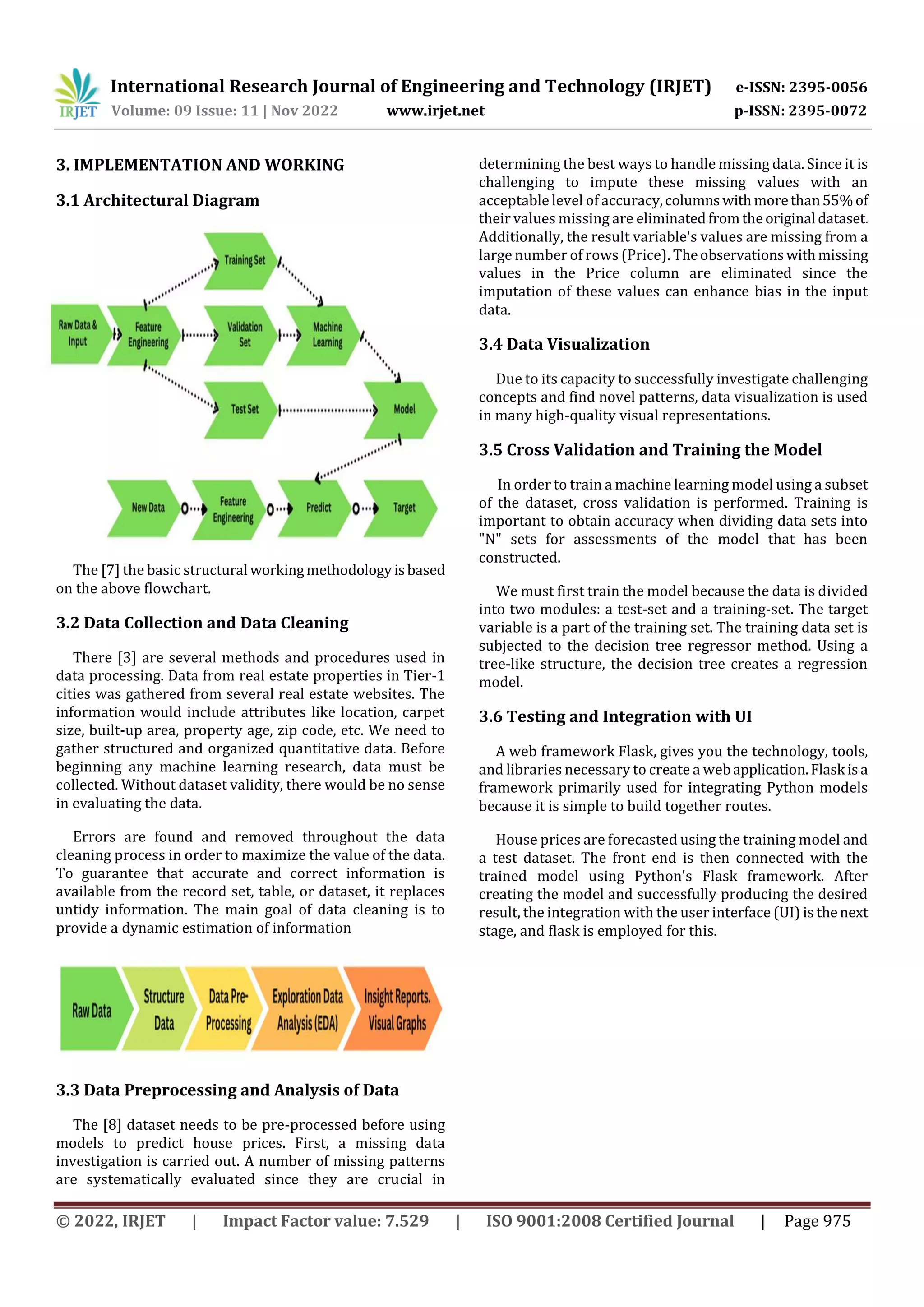 International Research Journal of Engineering and Technology (IRJET) e-ISSN: 2395-0056
Volume: 09 Issue: 11 | Nov 2022 www.irjet.net p-ISSN: 2395-0072
© 2022, IRJET | Impact Factor value: 7.529 | ISO 9001:2008 Certified Journal | Page 975
3. IMPLEMENTATION AND WORKING
3.1 Architectural Diagram
The [7] the basic structural workingmethodologyisbased
on the above flowchart.
3.2 Data Collection and Data Cleaning
There [3] are several methods and procedures used in
data processing. Data from real estate properties in Tier-1
cities was gathered from several real estate websites. The
information would include attributes like location, carpet
size, built-up area, property age, zip code, etc. We need to
gather structured and organized quantitative data. Before
beginning any machine learning research, data must be
collected. Without dataset validity, there would be no sense
in evaluating the data.
Errors are found and removed throughout the data
cleaning process in order to maximize the value of the data.
To guarantee that accurate and correct information is
available from the record set, table, or dataset, it replaces
untidy information. The main goal of data cleaning is to
provide a dynamic estimation of information
3.3 Data Preprocessing and Analysis of Data
The [8] dataset needs to be pre-processed before using
models to predict house prices. First, a missing data
investigation is carried out. A number of missing patterns
are systematically evaluated since they are crucial in
determining the best ways to handle missing data. Since it is
challenging to impute these missing values with an
acceptable level of accuracy,columnswithmorethan55%of
their values missing are eliminatedfromtheoriginal dataset.
Additionally, the result variable's values are missing from a
large number of rows (Price). Theobservationswithmissing
values in the Price column are eliminated since the
imputation of these values can enhance bias in the input
data.
3.4 Data Visualization
Due to its capacity to successfully investigate challenging
concepts and find novel patterns, data visualization is used
in many high-quality visual representations.
3.5 Cross Validation and Training the Model
In order to train a machine learning model using a subset
of the dataset, cross validation is performed. Training is
important to obtain accuracy when dividing data sets into
"N" sets for assessments of the model that has been
constructed.
We must first train the model because the data is divided
into two modules: a test-set and a training-set. The target
variable is a part of the training set. The training data set is
subjected to the decision tree regressor method. Using a
tree-like structure, the decision tree creates a regression
model.
3.6 Testing and Integration with UI
A web framework Flask, gives you the technology, tools,
and libraries necessary to create a webapplication.Flask isa
framework primarily used for integrating Python models
because it is simple to build together routes.
House prices are forecasted using the training model and
a test dataset. The front end is then connected with the
trained model using Python's Flask framework. After
creating the model and successfully producing the desired
result, the integration with the user interface (UI) is thenext
stage, and flask is employed for this.
 