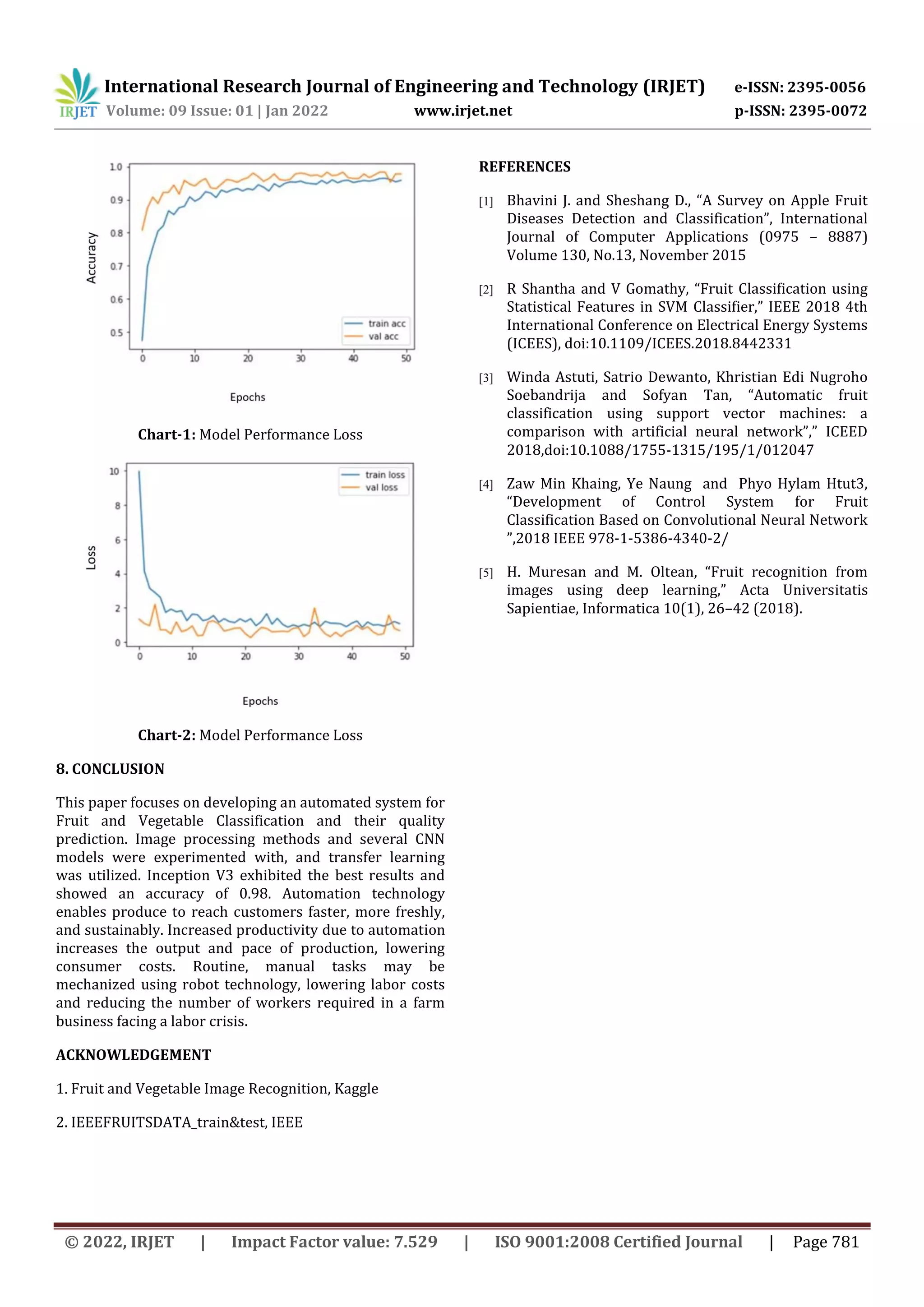 International Research Journal of Engineering and Technology (IRJET) e-ISSN: 2395-0056 Volume: 09 Issue: 01 | Jan 2022 www.irjet.net p-ISSN: 2395-0072 © 2022, IRJET | Impact Factor value: 7.529 | ISO 9001:2008 Certified Journal | Page 781 Chart-1: Model Performance Loss Chart-2: Model Performance Loss 8. CONCLUSION This paper focuses on developing an automated system for Fruit and Vegetable Classification and their quality prediction. Image processing methods and several CNN models were experimented with, and transfer learning was utilized. Inception V3 exhibited the best results and showed an accuracy of 0.98. Automation technology enables produce to reach customers faster, more freshly, and sustainably. Increased productivity due to automation increases the output and pace of production, lowering consumer costs. Routine, manual tasks may be mechanized using robot technology, lowering labor costs and reducing the number of workers required in a farm business facing a labor crisis. ACKNOWLEDGEMENT 1. Fruit and Vegetable Image Recognition, Kaggle 2. IEEEFRUITSDATA_train&test, IEEE REFERENCES [1] Bhavini J. and Sheshang D., “A Survey on Apple Fruit Diseases Detection and Classification”, International Journal of Computer Applications (0975 – 8887) Volume 130, No.13, November 2015 [2] R Shantha and V Gomathy, “Fruit Classification using Statistical Features in SVM Classifier,” IEEE 2018 4th International Conference on Electrical Energy Systems (ICEES), doi:10.1109/ICEES.2018.8442331 [3] Winda Astuti, Satrio Dewanto, Khristian Edi Nugroho Soebandrija and Sofyan Tan, “Automatic fruit classification using support vector machines: a comparison with artificial neural network”,” ICEED 2018,doi:10.1088/1755-1315/195/1/012047 [4] Zaw Min Khaing, Ye Naung and Phyo Hylam Htut3, “Development of Control System for Fruit Classification Based on Convolutional Neural Network ”,2018 IEEE 978-1-5386-4340-2/ [5] H. Muresan and M. Oltean, “Fruit recognition from images using deep learning,” Acta Universitatis Sapientiae, Informatica 10(1), 26–42 (2018). 
