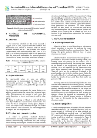 International Research Journal of Engineering and Technology (IRJET) e-ISSN: 2395-0056
Volume: 09 Issue: 11 | Nov 2022 www.irjet.net p-ISSN: 2395-0072
© 2022, IRJET | Impact Factor value: 7.529 | ISO 9001:2008 Certified Journal | Page 268
Figure 6: Solidification structure of 3D printed part of
mild steel material [7].
3. MATERIALS AND EXPERIMENTAL
PROCEDURE
3.1. Materials
The materials selected for this work included a
support plate in EN-8, supplied in the T6 condition. The
dimensions were 20 mm in thickness and 154 mm in
diameter. The wire was a 1.2 mm diameter solid wire of
copper coated solid wire conforming AWS class of SFA
5.18 ER70S-6 and is frequently used in the welding of
EN-8 for structural applications. Its nominal chemical
composition in weight percentage is outlined in Table 3.
Table - 3: Nominal chemical composition of the selected
SFA 5.18 ER70S-6 wire.
C Mn Si S P Cu
0.06-
0.14
1.40-
1.60
0.80-1.0
0.025
max
0.025
max
0.50
max
3.2. Layer Deposition
An experimental setup for wire arc additive
manufacturing is demonstrated in Figure 2. For
experimental purposes, a EWM Phoenix 401 MIG
welding power source. Zero grade CO2 gas used for
shielding.
The basic welding parameters for metal fusion wire
additive manufacturing that are used are tabulated in the
table. The parameters are chosen in such a way that
stable deposition at lower heat is performed for edge
layers.
The flange is made up of 3 beads in total, all of which
were deposited in the same direction and spaced 5 mm
apart. Due to an unexpected welding pause, Figure 5
shows an uneven surface halfway through one of the
passes. With the same conditions, the remaining portion
of the pass was instantly deposited.
3.3 Testing and characterization
In order to perform Rockwell hardness
measurements and inspect for potential weld defects, the
additive manufacturing component was put through
tensile testing with samples oriented in three different
directions, including parallel to the deposition/welding
direction (X), perpendicular to the direction of the weld
(Y), and through the thickness (Z). These were sliced to
look at the cross sections in both the horizontal and
vertical directions. Three different types of treatments
were performed for specimens. To create contrast
between the weld metal, the heat-affected zone (HAZ),
and the support plate, the pieces were first ground and
polished before being etched in ethanol and nitric acid
solution. In the wake of this preparation, the hardness
was assessed.
4. RESULT AND DISCUSSION
4.1. Microscopic inspection
After three layer of metal deposition, a microscopic
visual inspection is perform to analyses the grain
structure of solidified surface are shown in the Figure 5.
During the grain analysis different type of grain
structures are found.
After fabrication, a microscopic visual inspection is
performed to check the different welding defects, like
welding creak and porosity on the surface. Due to
following the grain boundary, the welding crack present
on the surface is an intergranular type. Most of the
welding cracks are available in the high-temperature
zone where equiaxed grain boundaries are present.
These all cracks are hot cracks and developed at the
grain boundary due to the low melting phase. During the
thermal weld cycle of cooling less grain boundary cannot
handle the tensile stresses, and these hot cracks are
generated [8].
Porosity in the manufactured component is the main
concern in the additive manufacturing process, affecting
weldments' fatigue life [9]. Published results reveal that
porosity may have a significant effect on the fatigue life
of weldments. The main cause of porosity is moisture
present in the wire or shielding gas. Both oxygen and
nitrogen should be avoided as components of the
shielding gas in WAAM because similar to hydrogen;
they may be detrimental to the characteristics of
aluminum welds.
4.2. Tensile properties
A tensile testing specimen of length is 32 mm prepared
as shown in Figure 7. The sample A has a mean yield and
tensile strength of 25.05 and 387.40 MPa, sample B has
21.23 and 513.32 and sample C have 19.67 and 560.28
MPa respectively. The graphical representation of tensile
testing for all three sample are represented in Figure 8.
When the specimen was oriented parallel or
perpendicular to the direction of layer deposition, the
ductility was high. The area reduction has decreased to
 