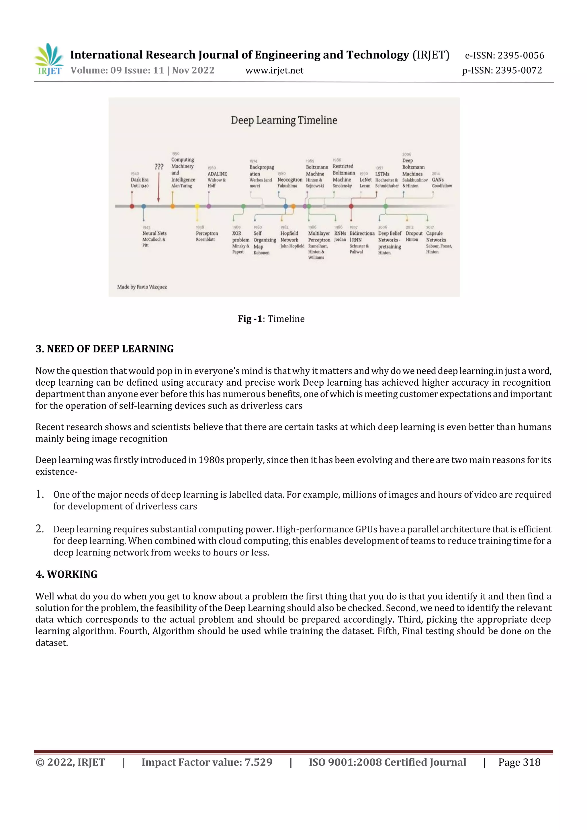 International Research Journal of Engineering and Technology (IRJET) e-ISSN: 2395-0056
Volume: 09 Issue: 11 | Nov 2022 www.irjet.net p-ISSN: 2395-0072
© 2022, IRJET | Impact Factor value: 7.529 | ISO 9001:2008 Certified Journal | Page 318
3. NEED OF DEEP LEARNING
Now the question that would pop in in everyone’s mind is that why it matters and why dowe needdeeplearning.injusta word,
deep learning can be defined using accuracy and precise work Deep learning has achieved higher accuracy in recognition
department than anyone ever before this has numerous benefits,oneofwhichismeetingcustomerexpectations andimportant
for the operation of self-learning devices such as driverless cars
Recent research shows and scientists believe that there are certain tasks at which deep learning is even better than humans
mainly being image recognition
Deep learning was firstly introduced in 1980s properly, since then it has been evolving and there are two main reasons for its
existence-
1. One of the major needs of deep learning is labelled data. For example, millions of images and hours of video are required
for development of driverless cars
2. Deep learning requires substantial computing power. High-performance GPUs have a parallel architecturethatisefficient
for deep learning. When combined with cloud computing, this enables development of teams to reduce training timefora
deep learning network from weeks to hours or less.
4. WORKING
Well what do you do when you get to know about a problem the first thing that you do is that you identify it and then find a
solution for the problem, the feasibility of the Deep Learning should also be checked. Second, we need to identify the relevant
data which corresponds to the actual problem and should be prepared accordingly. Third, picking the appropriate deep
learning algorithm. Fourth, Algorithm should be used while training the dataset. Fifth, Final testing should be done on the
dataset.
Fig -1: Timeline
 