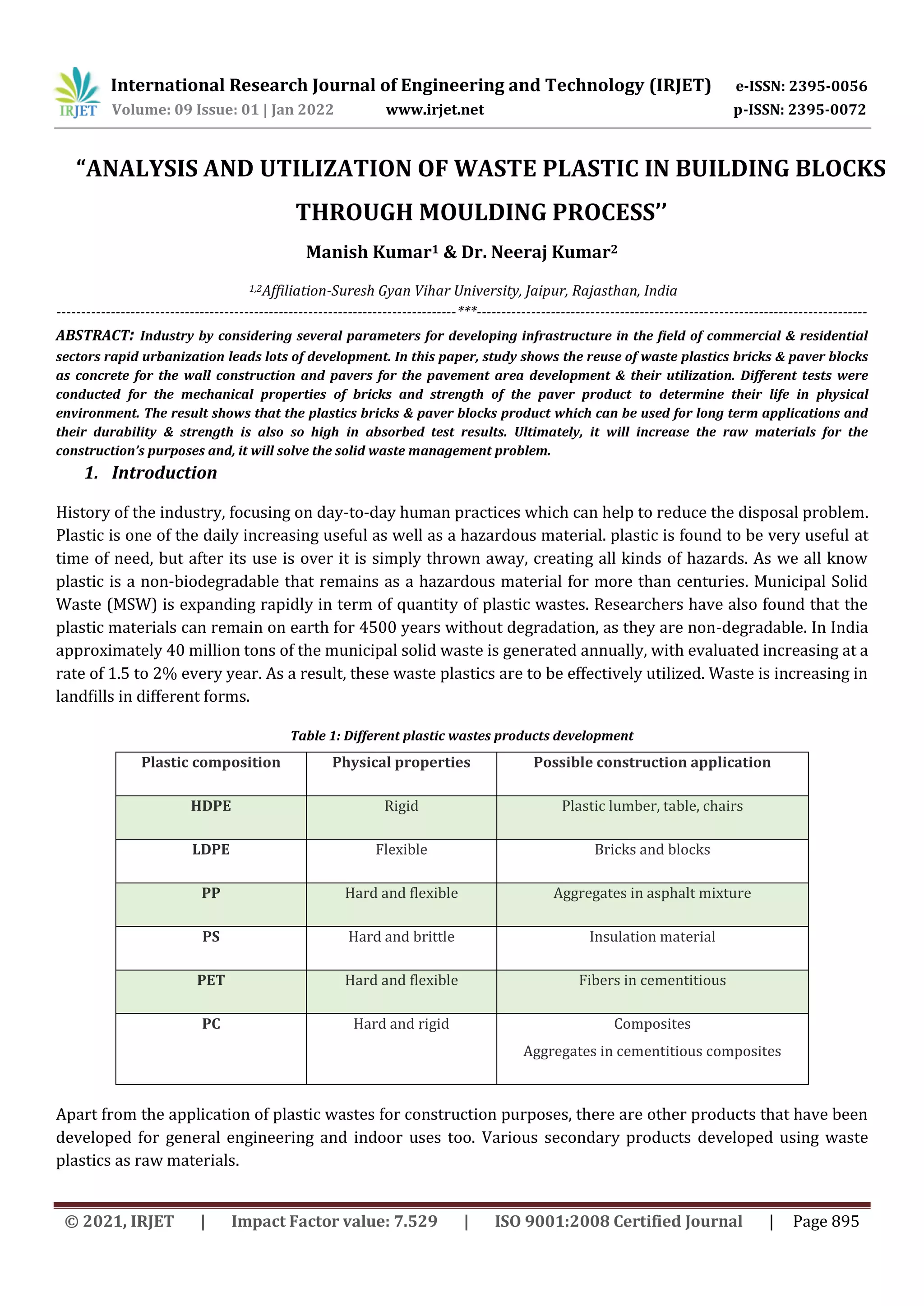 “ANALYSIS AND UTILIZATION OF WASTE PLASTIC IN BUILDING BLOCKS THROUGH ...