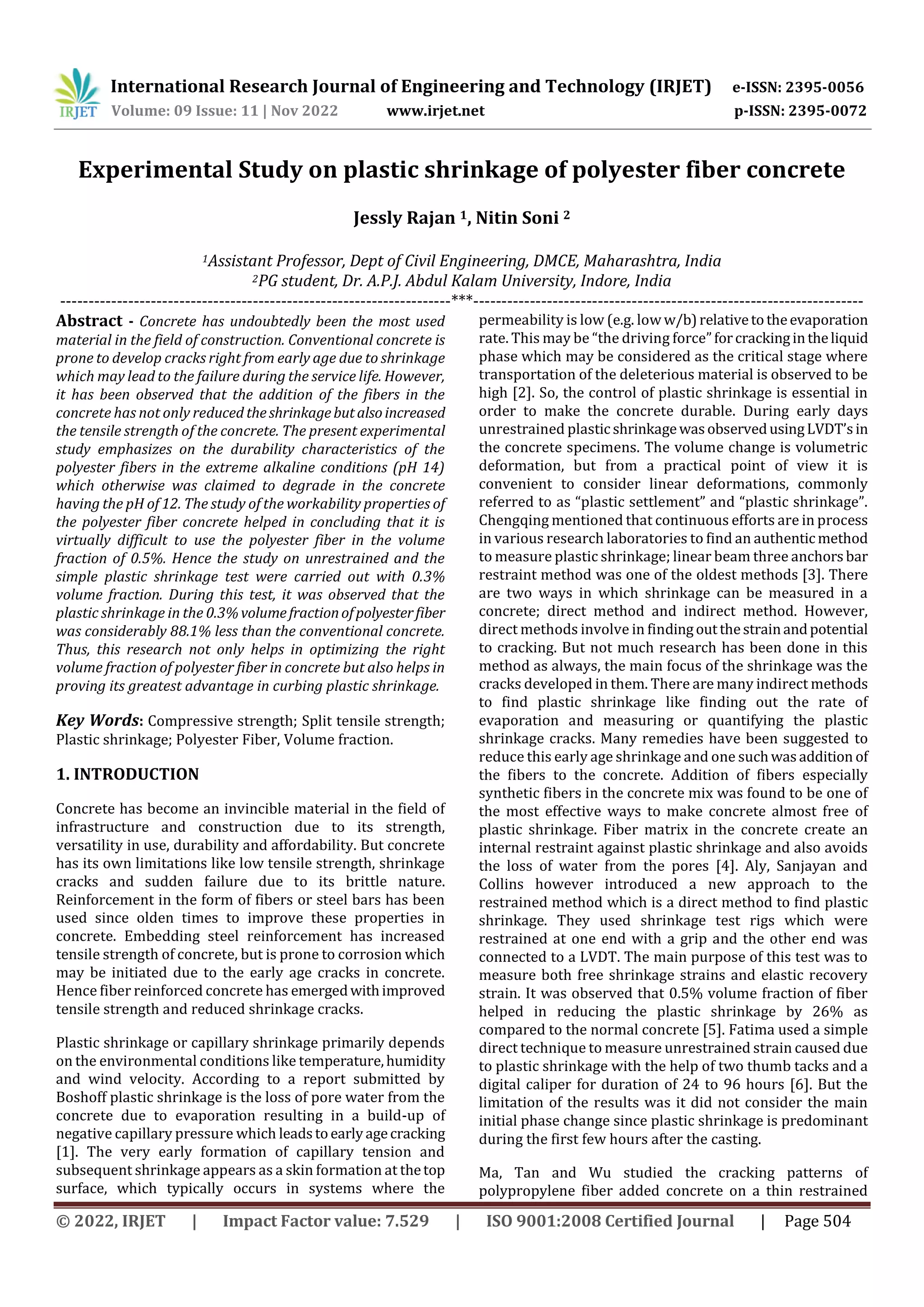 Experimental Study on plastic shrinkage of polyester fiber concrete | PDF