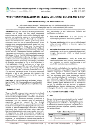 “STUDY ON STABILIZATION OF CLAYEY SOIL USING FLY ASH AND LIME” | PDF