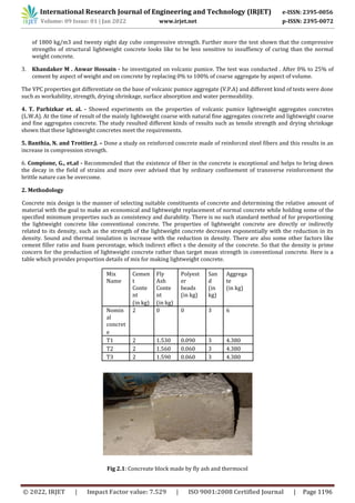International Research Journal of Engineering and Technology (IRJET) e-ISSN: 2395-0056
Volume: 09 Issue: 01 | Jan 2022 www.irjet.net p-ISSN: 2395-0072
© 2022, IRJET | Impact Factor value: 7.529 | ISO 9001:2008 Certified Journal | Page 1196
of 1800 kg/m3 and twenty eight day cube compressive strength. Further more the test shown that the compressive
strengths of structural lightweight concrete looks like to be less sensitive to insuffiency of curing than the normal
weight concrete.
3. Khandaker M . Anwar Hossain - he investigated onivolcanicipumice. The test was conducted . After 0% to 25% of
cement by aspect of weight and on concrete by replacing 0% to 100% of coarse aggregate by aspect of volume.
The VPC properties got differentiate on the base of volcanic pumice aggregate (V.P.A) and different kind of tests were done
such as workability, strength, drying shrinkage, surface absorption and water permeability.
4. T. Parhizkar et. al. - Showed experiments on the properties of volcanic pumice lightweight aggregates concretes
(L.W.A). At the time of result of the mainly lightweight coarse with natural fine aggregates concrete and lightweight coarse
and fine aggregates concrete. The study resulted different kinds of results such as tensile strength and drying shrinkage
shown that these lightweight concretes meet the requirements.
5. Banthia, N. and Trottier,J. – Done a study on reinforced concrete made of reinforced steel fibers and this results in an
increase in compression strength.
6. Compione, G., et.aI - Recommended that the existence of fiber in the concrete is exceptional and helps to bring down
the decay in the field of strains and more over advised that by ordinary confinement of transverse reinforcement the
brittle nature can be overcome.
2. Methodology
Concrete mix design is the manner of selecting suitable constituents of concrete and determining the relative amount of
material with the goal to make an economical and lightweight replacement of normal concrete while holding some of the
specified minimum properties such as consistency and durability. There is no such standard method of for proportioning
the lightweight concrete like conventional concrete. The properties of lightweight concrete are directly or indirectly
related to its density, such as the strength of the lightweight concrete decreases exponentially with the reduction in its
density. Sound and thermal insulation is increase with the reduction in density. There are also some other factors like
cement filler ratio and foam percentage, which indirect effect s the density of the concrete. So that the density is prime
concern for the production of lightweight concrete rather than target mean strength in conventional concrete. Here is a
table which provides proportion details of mix for making lightweight concrete.
Mix Cemen Fly Polyest San Aggrega
Name t Ash er d te
Conte Conte beads (in (in kg)
nt nt (in kg) kg)
(in kg) (in kg)
Nomin 2 0 0 3 6
al
concret
e
T1 2 1.530 0.090 3 4.380
T2 2 1.560 0.060 3 4.380
T3 2 1.590 0.060 3 4.380
Fig 2.1: Concreate block made by fly ash and thermocol
 