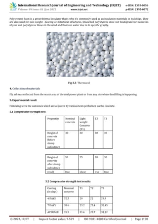International Research Journal of Engineering and Technology (IRJET) e-ISSN: 2395-0056
Volume: 09 Issue: 01 | Jan 2022 www.irjet.net p-ISSN: 2395-0072
© 2022, IRJET | Impact Factor value: 7.529 | ISO 9001:2008 Certified Journal | Page 1198
Polystyrene foam is a great thermal insulator that’s why it’s commonly used as an insulation materials in buildings. They
are also used for non-weight –bearing architectural structures. Discarded polystyrene dose not biodegrade for hundreds
of year and polystyrene blows in the wind and floats on water due to its specific gravity.
Fig 3.3: Thermocol
4. Collection of materials
Fly ash was collected from the waste area of the coal power plant or from any site where landfilling is happening.
5. Experimental result
Following were the outcomes which are acquired by various tests performed on the concrete.
5.1 Compressive strength test
Properties Nominal Light T2 T3
concrete weight
Concrete
(T1)
Height of 30 30 30 30
concrete
Before
slump
subsidence
Height of 30 25 30 30
concrete
after slump
subsidence
result true shear true true
5.2 Compressive strength test results
Curring Nominal T1 T2 T3
(in days) concrete
4 DAYS 32.5 20 22 29.8
7 DAYS 38.6 23.2 25.4 32.45
AVERAGE 35.5 21.6 23.7 31.12
 
