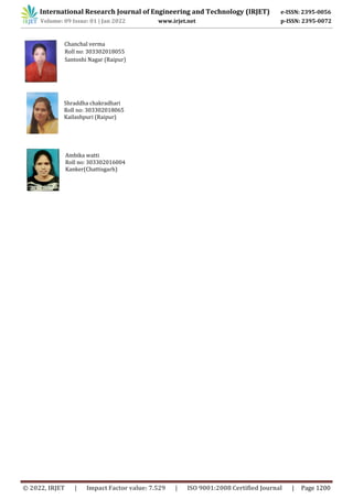 International Research Journal of Engineering and Technology (IRJET) e-ISSN: 2395-0056
Volume: 09 Issue: 01 | Jan 2022 www.irjet.net p-ISSN: 2395-0072
© 2022, IRJET | Impact Factor value: 7.529 | ISO 9001:2008 Certified Journal | Page 1200
Chanchal verma
Roll no: 303302018055
Santoshi Nagar (Raipur)
Shraddha chakradhari
Roll no: 303302018065
Kailashpuri (Raipur)
Ambika watti
Roll no: 303302016004
Kanker(Chattisgarh)
 