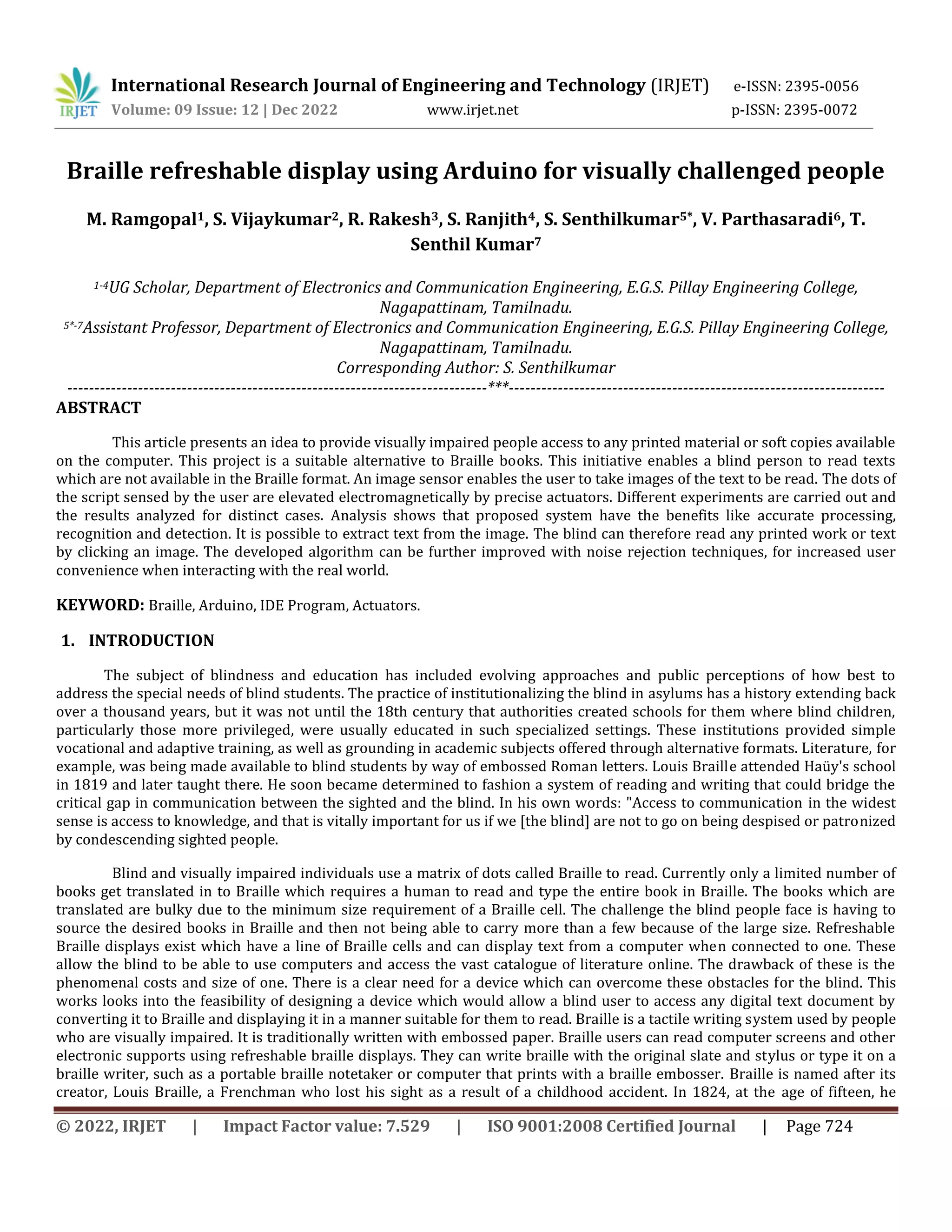 Braille refreshable display using Arduino for visually challenged ...