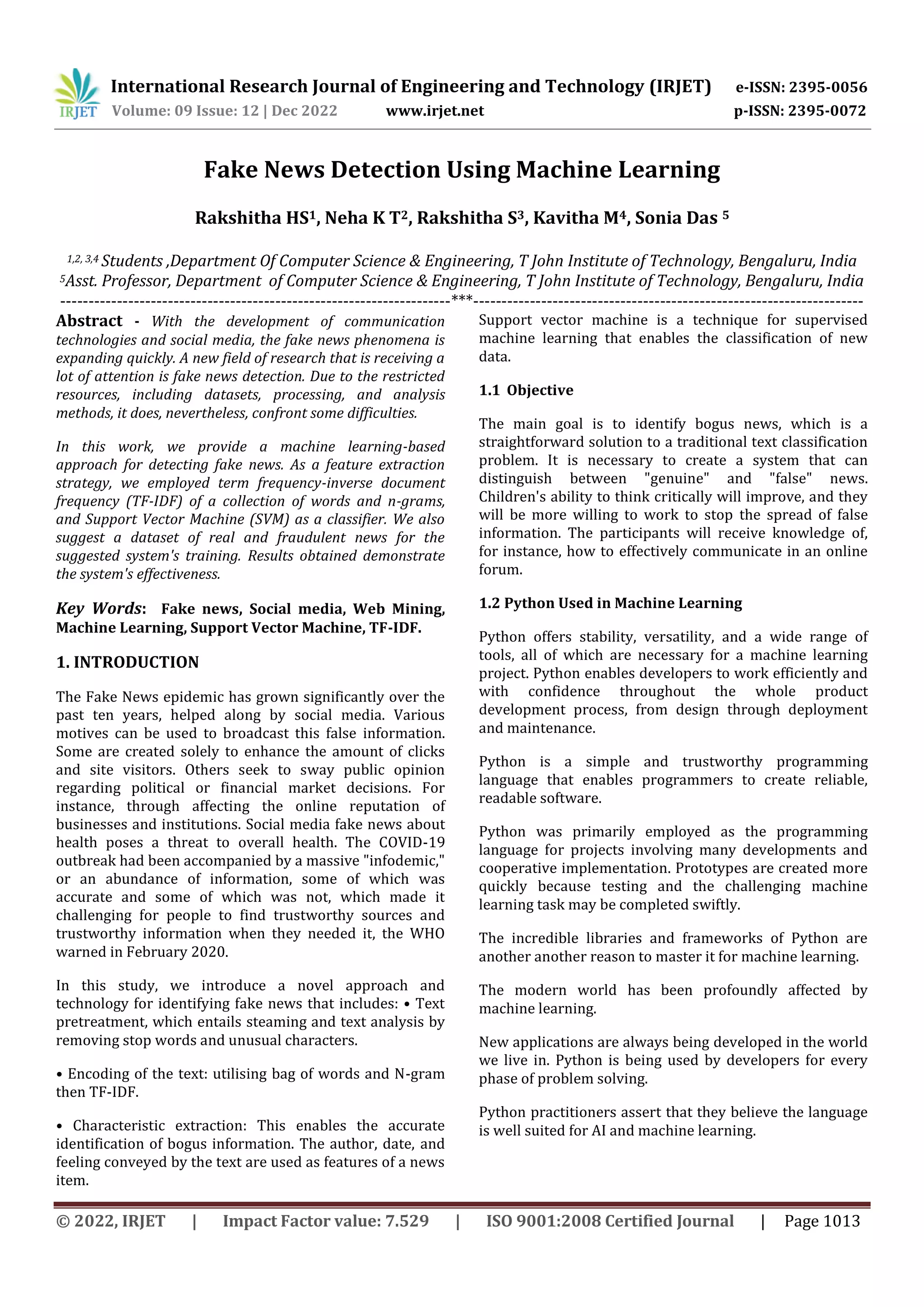 Fake News Detection Using Machine Learning | PDF