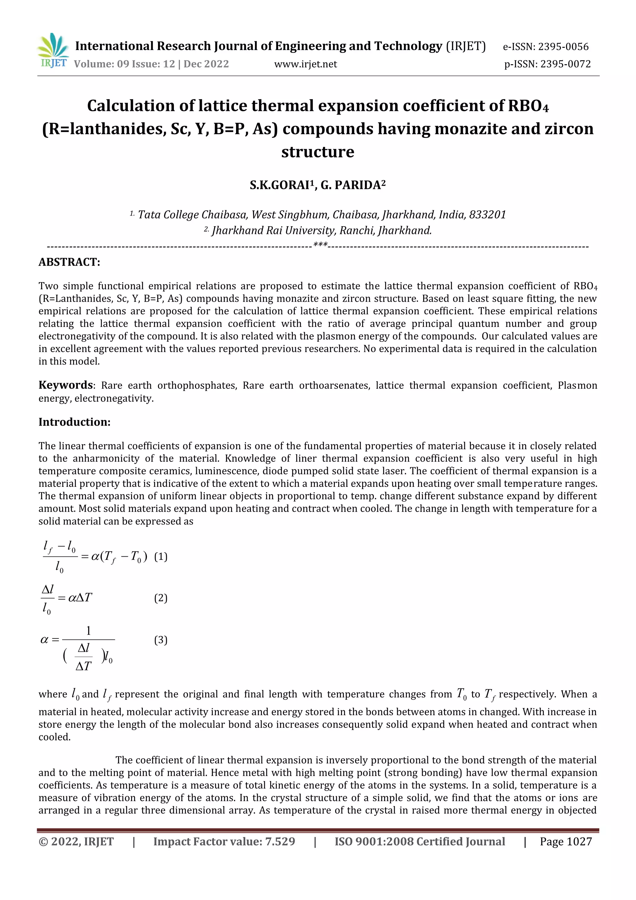 Calculation of lattice thermal expansion coefficient of RBO4 (R ...