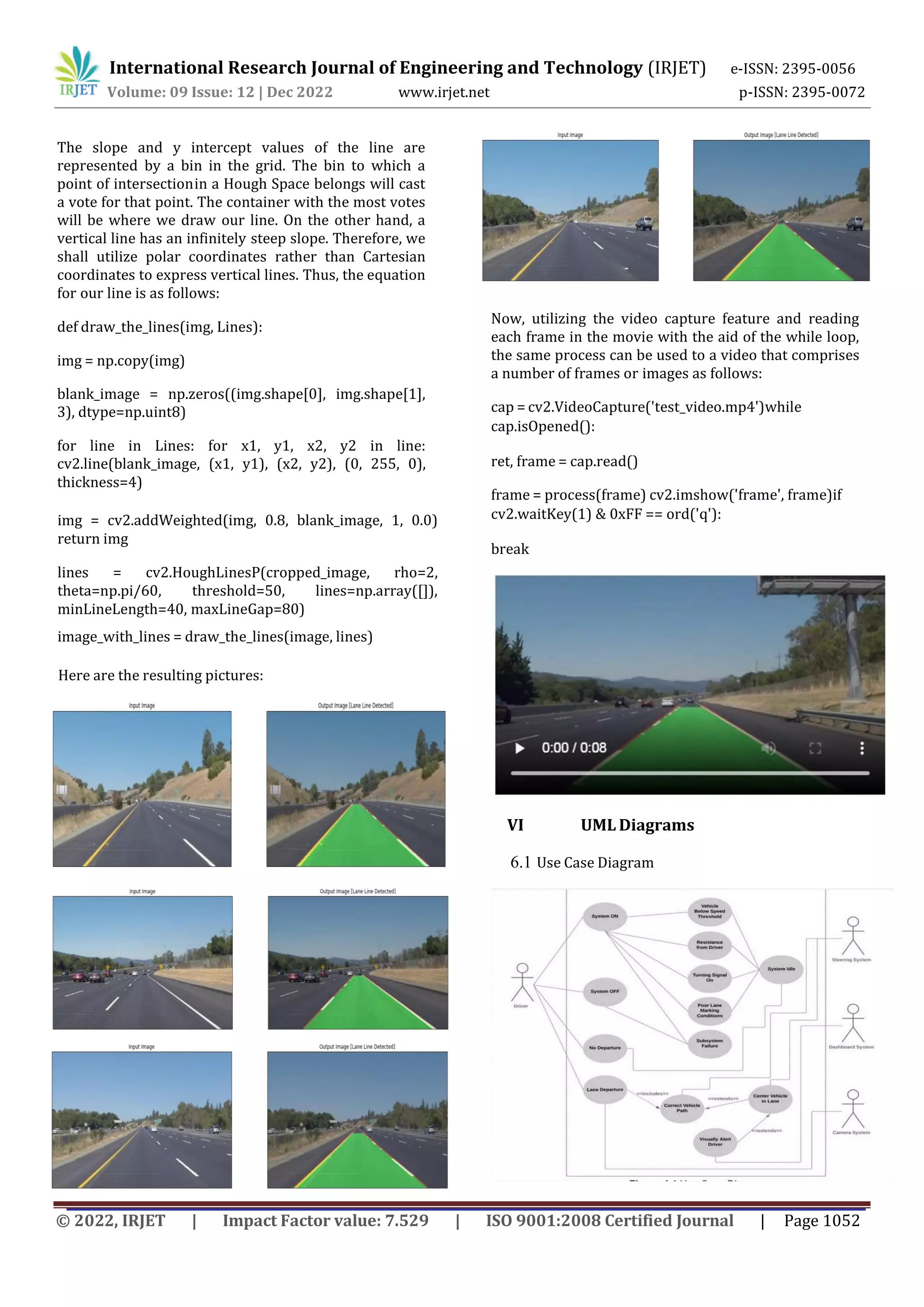 International Research Journal of Engineering and Technology (IRJET) e-ISSN: 2395-0056
Volume: 09 Issue: 12 | Dec 2022 www.irjet.net p-ISSN: 2395-0072
© 2022, IRJET | Impact Factor value: 7.529 | ISO 9001:2008 Certified Journal | Page 1052
The slope and y intercept values of the line are
represented by a bin in the grid. The bin to which a
point of intersectionin a Hough Space belongs will cast
a vote for that point. The container with the most votes
will be where we draw our line. On the other hand, a
vertical line has an infinitely steep slope. Therefore, we
shall utilize polar coordinates rather than Cartesian
coordinates to express vertical lines. Thus, the equation
for our line is as follows:
def draw_the_lines(img, Lines):
img = np.copy(img)
blank_image = np.zeros((img.shape[0], img.shape[1],
3), dtype=np.uint8)
for line in Lines: for x1, y1, x2, y2 in line:
cv2.line(blank_image, (x1, y1), (x2, y2), (0, 255, 0),
thickness=4)
img = cv2.addWeighted(img, 0.8, blank_image, 1, 0.0)
return img
lines = cv2.HoughLinesP(cropped_image, rho=2,
theta=np.pi/60, threshold=50, lines=np.array([]),
minLineLength=40, maxLineGap=80)
image_with_lines = draw_the_lines(image, lines)
Here are the resulting pictures:
Now, utilizing the video capture feature and reading
each frame in the movie with the aid of the while loop,
the same process can be used to a video that comprises
a number of frames or images as follows:
cap = cv2.VideoCapture('test_video.mp4')while
cap.isOpened():
ret, frame = cap.read()
frame = process(frame) cv2.imshow('frame', frame)if
cv2.waitKey(1) & 0xFF == ord('q'):
break
VI UML Diagrams
6.1 Use Case Diagram
 