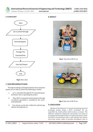 International Research Journal of Engineering and Technology (IRJET) e-ISSN: 2395-0056
Volume: 09 Issue: 12 | Dec 2022 www.irjet.net p-ISSN: 2395-0072
© 2022, IRJET | Impact Factor value: 7.529 | ISO 9001:2008 Certified Journal | Page 1107
Start
Car is control through
Wi-Fi command
Commands gives
to user
Through This
Command live
streaming done
User Get Output.
End
6. FLOWCHART
Fig-2: flow chart
7. OUR IMPLEMENATTAION
ThroughourDesignandimplementationofourproposed
system, we are able to achieve the following as results:
1. car is controlled through Wi-Fi commands given
by theuser who is operating the project.
2. These Wi-Fi commands need to be given through
an android app which is installed on the user's
androidmobile.
3. Live stream can be done within the android app
whichis developed by us.
8. RESULT
Fig-3: Top view of Wi-Fi car
Fig-4: Side view of Wi-Fi car
9. CONCLUSION
the idea of development of remotemonitoringworkand
prototype system using a Wi-Fi controlled RC car
controlled by mobile phone which work as a remote. The
different hardware components and studies were done to
investigatethebestapproaches to combine the parts inorder
for them to Communicate with a web interface the camera
acts as the viewer, either to provide surveillance view or
 