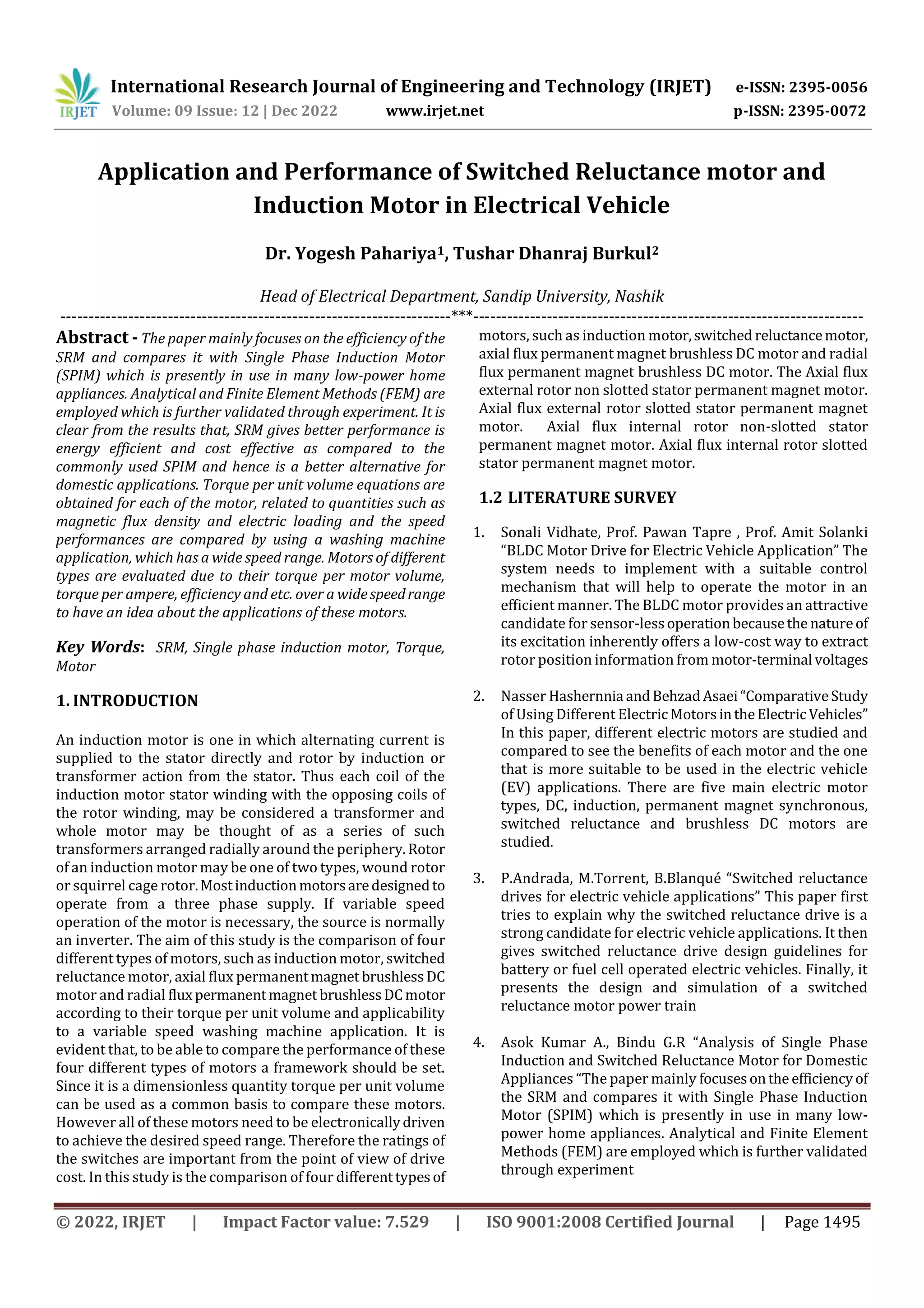 Application and Performance of Switched Reluctance motor and Induction
