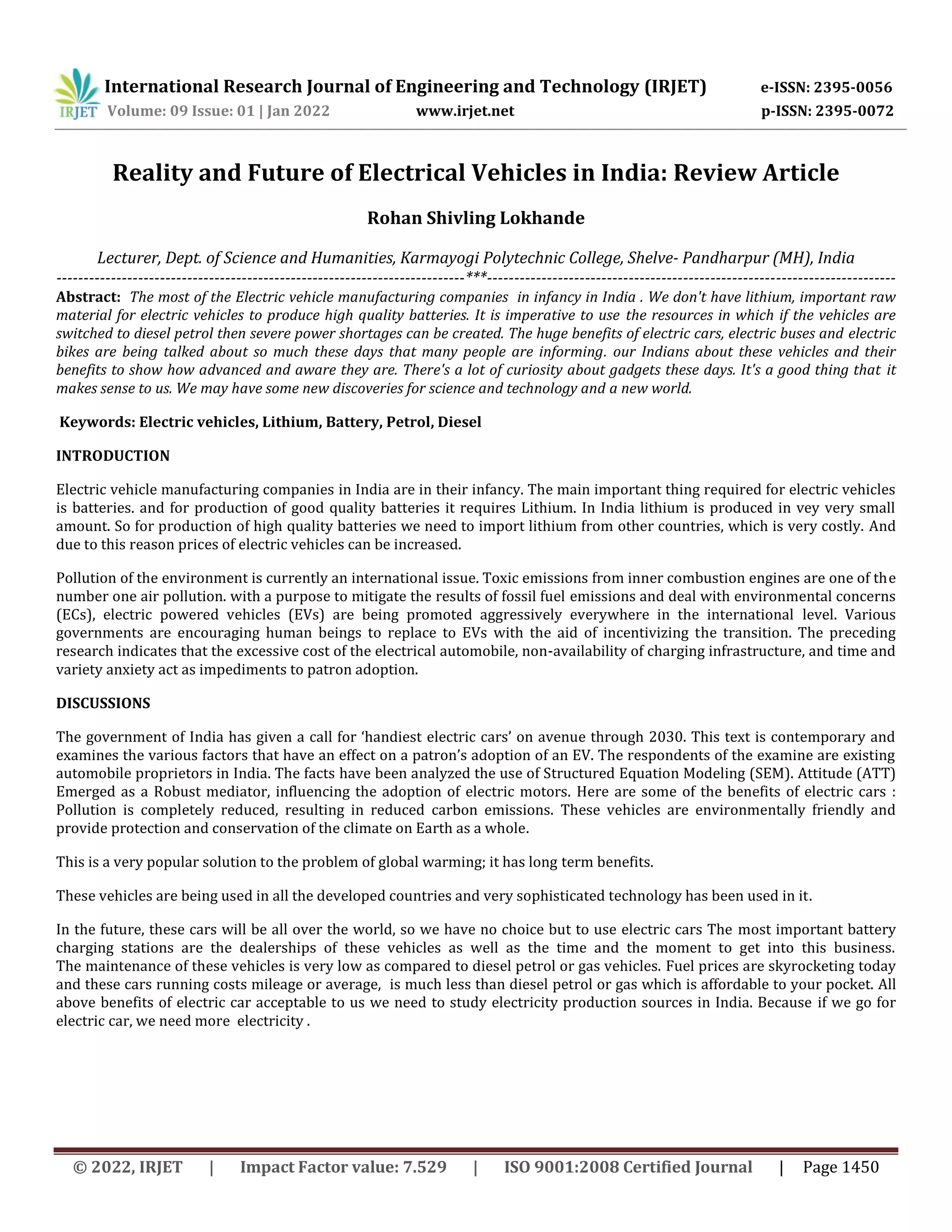 Reality and Future of Electrical Vehicles in India: Review Article | PDF
