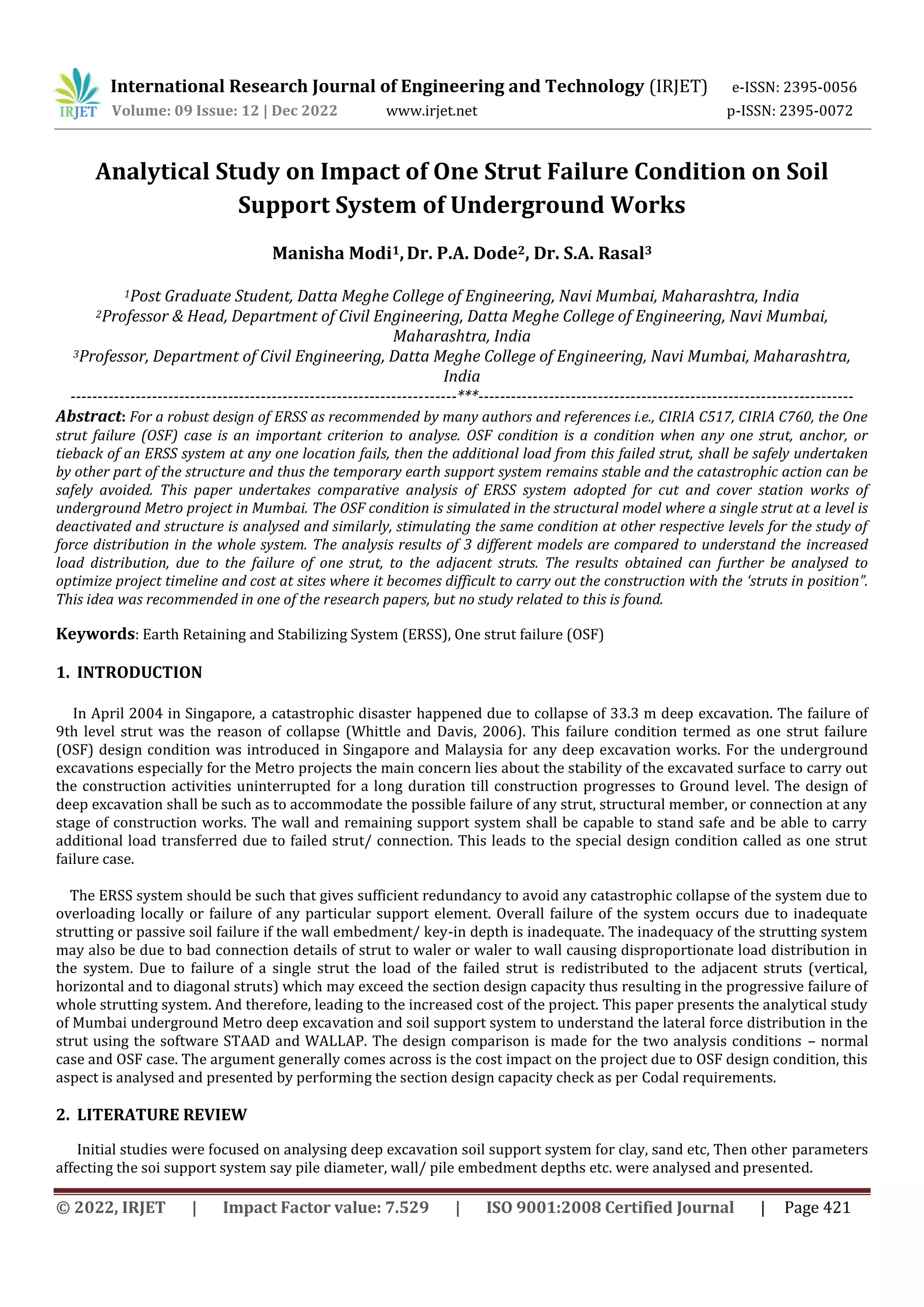 Analytical Study on Impact of One Strut Failure Condition on Soil ...