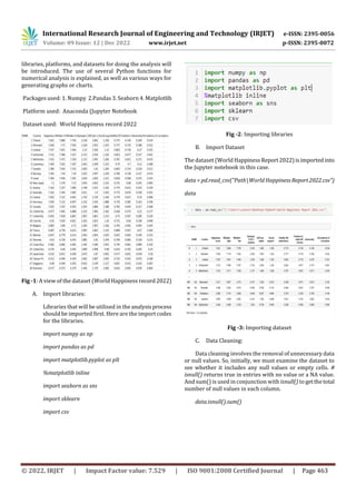 International Research Journal of Engineering and Technology (IRJET) e-ISSN: 2395-0056
Volume: 09 Issue: 12 | Dec 2022 www.irjet.net p-ISSN: 2395-0072
© 2022, IRJET | Impact Factor value: 7.529 | ISO 9001:2008 Certified Journal | Page 463
libraries, platforms, and datasets for doing the analysis will
be introduced. The use of several Python functions for
numerical analysis is explained, as well as various ways for
generating graphs or charts.
Packages used: 1. Numpy 2.Pandas 3. Seaborn 4. Matplotlib
Platform used: Anaconda (Jupyter Notebook
Dataset used: World Happiness record 2022
Fig -1: A view of the dataset (World Happiness record2022)
A. Import libraries:
Libraries that will be utilised in the analysisprocess
should be imported first. Here are the import codes
for the libraries.
import numpy as np
import pandas as pd
import matplotlib.pyplot as plt
%matplotlib inline
import seaborn as sns
import sklearn
import csv
Fig -2: Importing libraries
B. Import Dataset
The dataset (World HappinessReport2022)isimportedinto
the Jupyter notebook in this case.
data = pd.read_csv("PathWorld HappinessReport2022.csv")
data
Fig -3: Importing dataset
C. Data Cleaning:
Data cleaning involves the removal of unnecessary data
or null values. So, initially, we must examine the dataset to
see whether it includes any null values or empty cells. #
isnull() returns true in entries with no value or a NA value.
And sum() is used in conjunction with isnull() to getthetotal
number of null values in each column.
data.isnull().sum()
 
